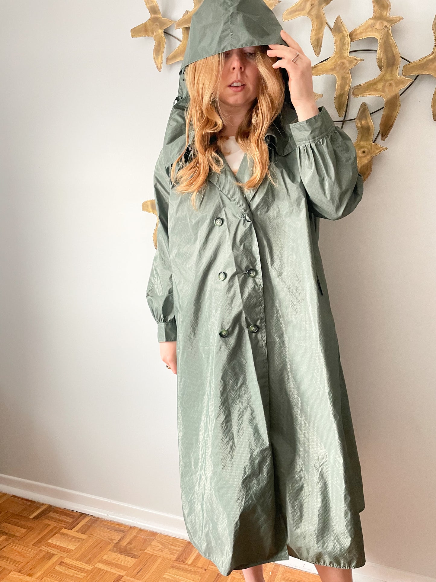 Vintage Hooded Green Buttoned Long Water Repellent Rain Jacket - 4XL