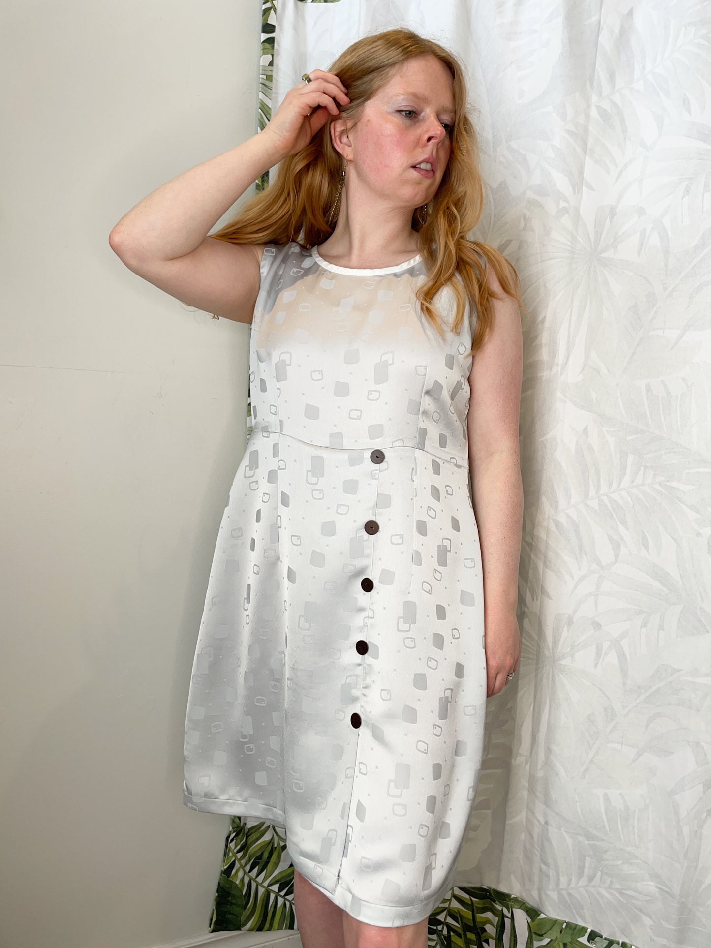 Oro Rosso Light Mint Blue Silver Square Patterned Button Sheath Dress - Large