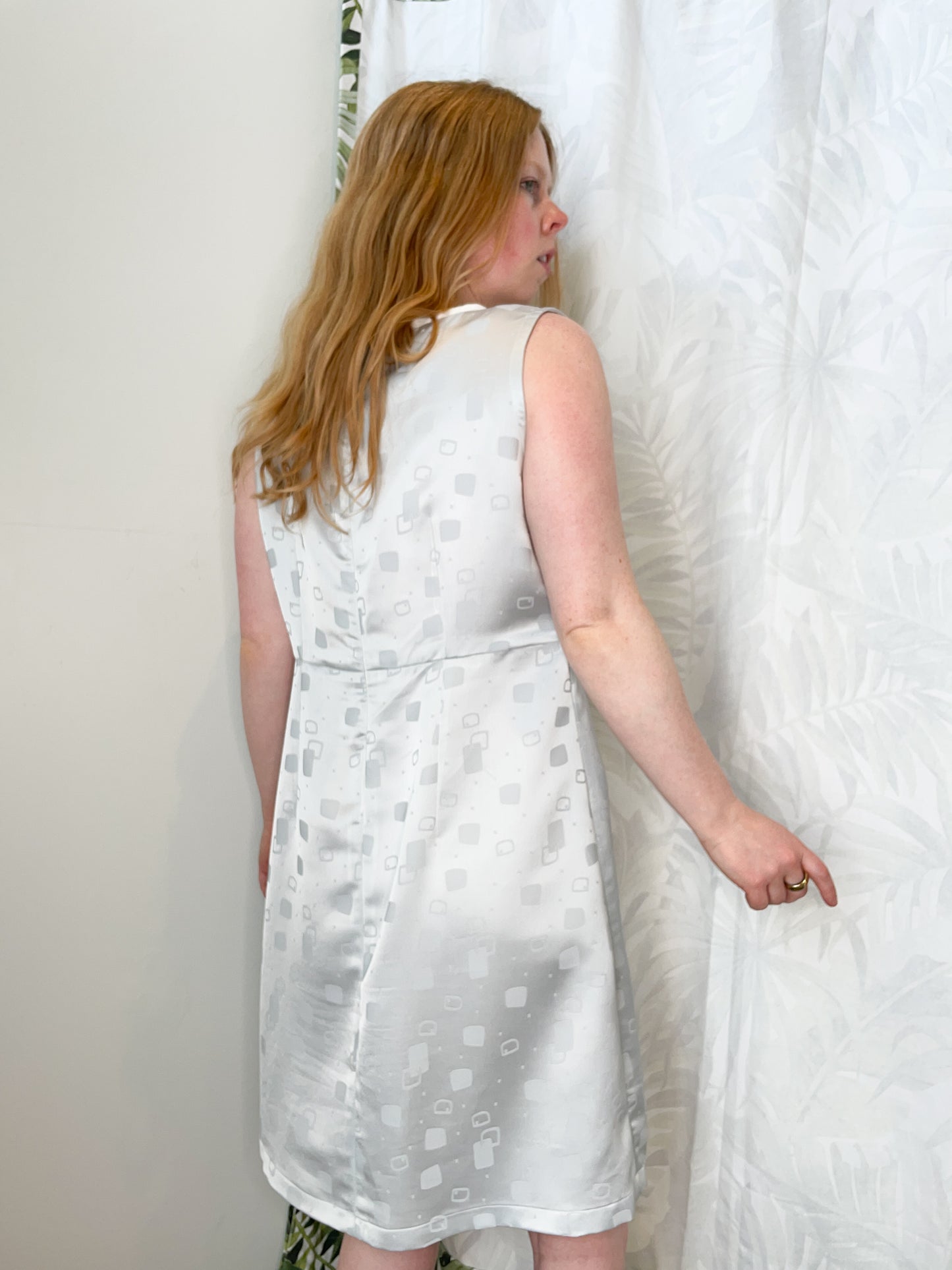 Oro Rosso Light Mint Blue Silver Square Patterned Button Sheath Dress - Large