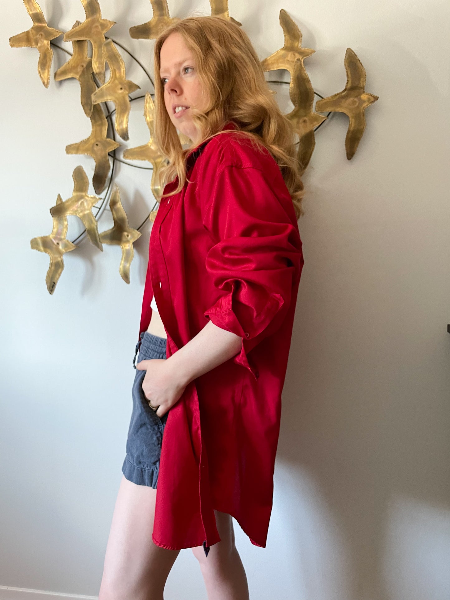 Bellissimo Red Cotton Blend Relaxed Button Down Shirt - XL