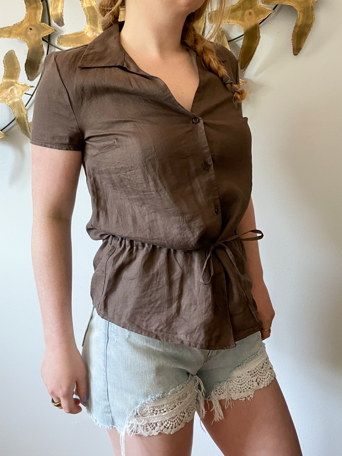 Sisley Brown Ramie Blouse Top with Waist Tie - Small