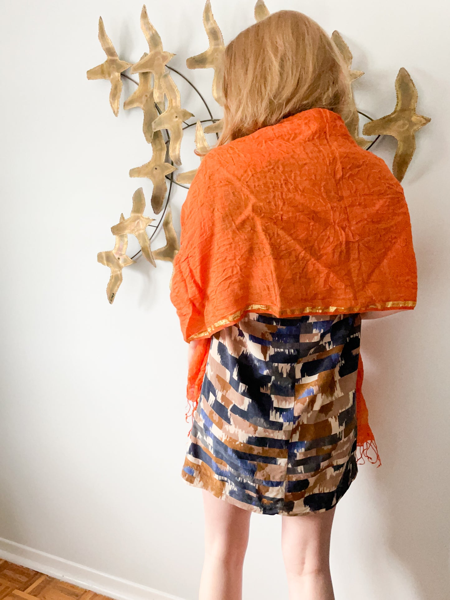 Cassis Orange Gold Metallic Linen Cotton Blend Fringe Scarf Shawl Sarong