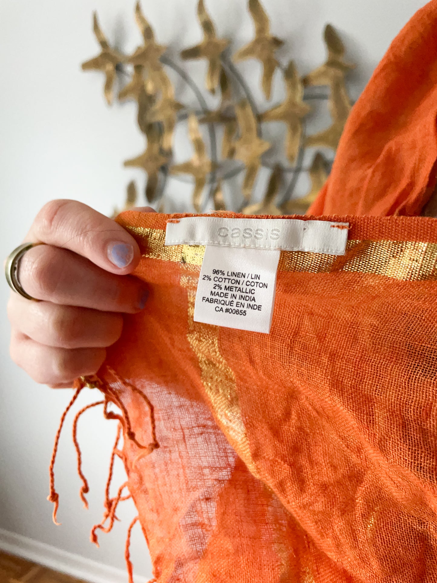 Cassis Orange Gold Metallic Linen Cotton Blend Fringe Scarf Shawl Sarong