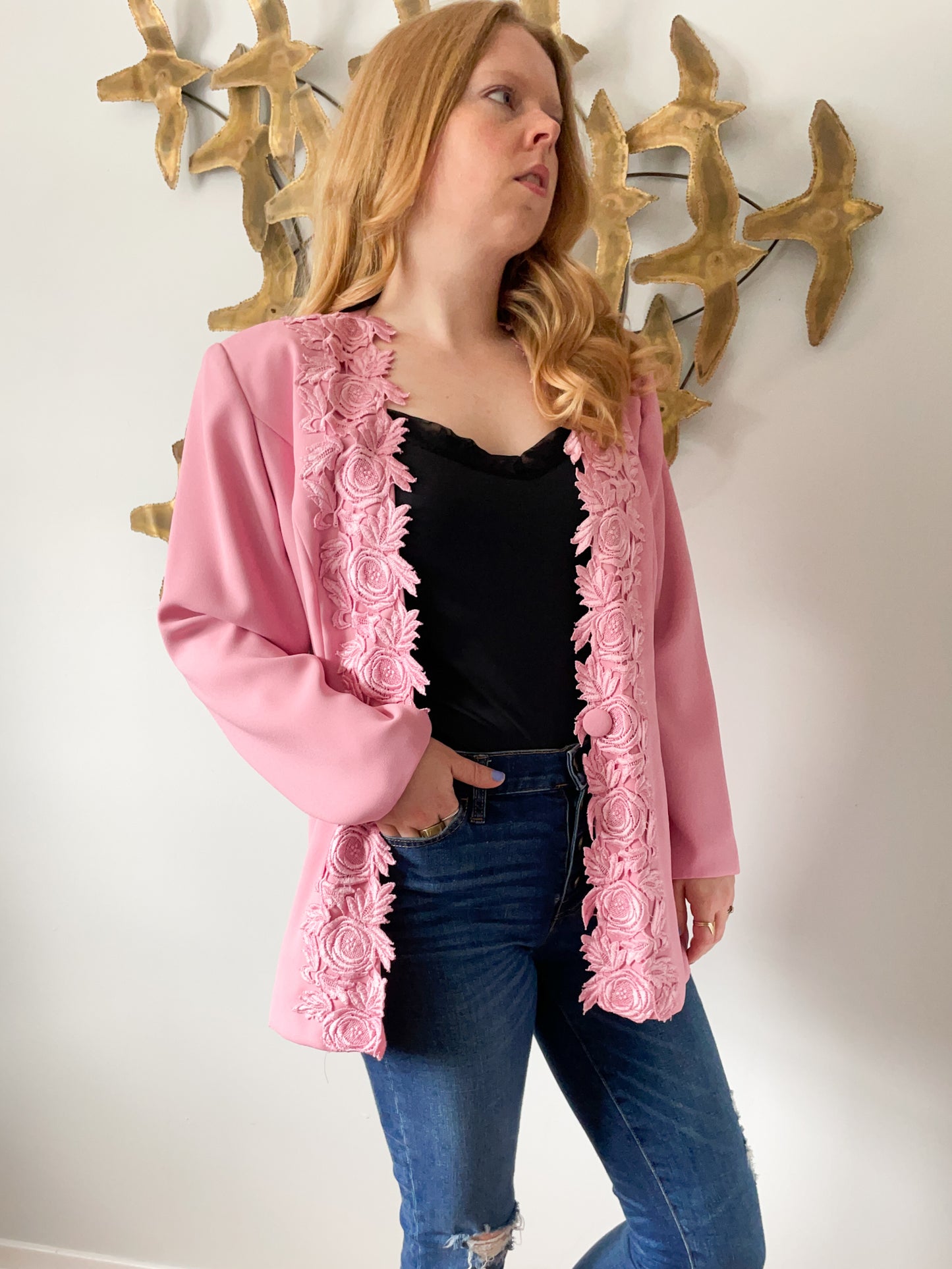 Vintage Pink Lace Trimmed Open Long Blazer - Large