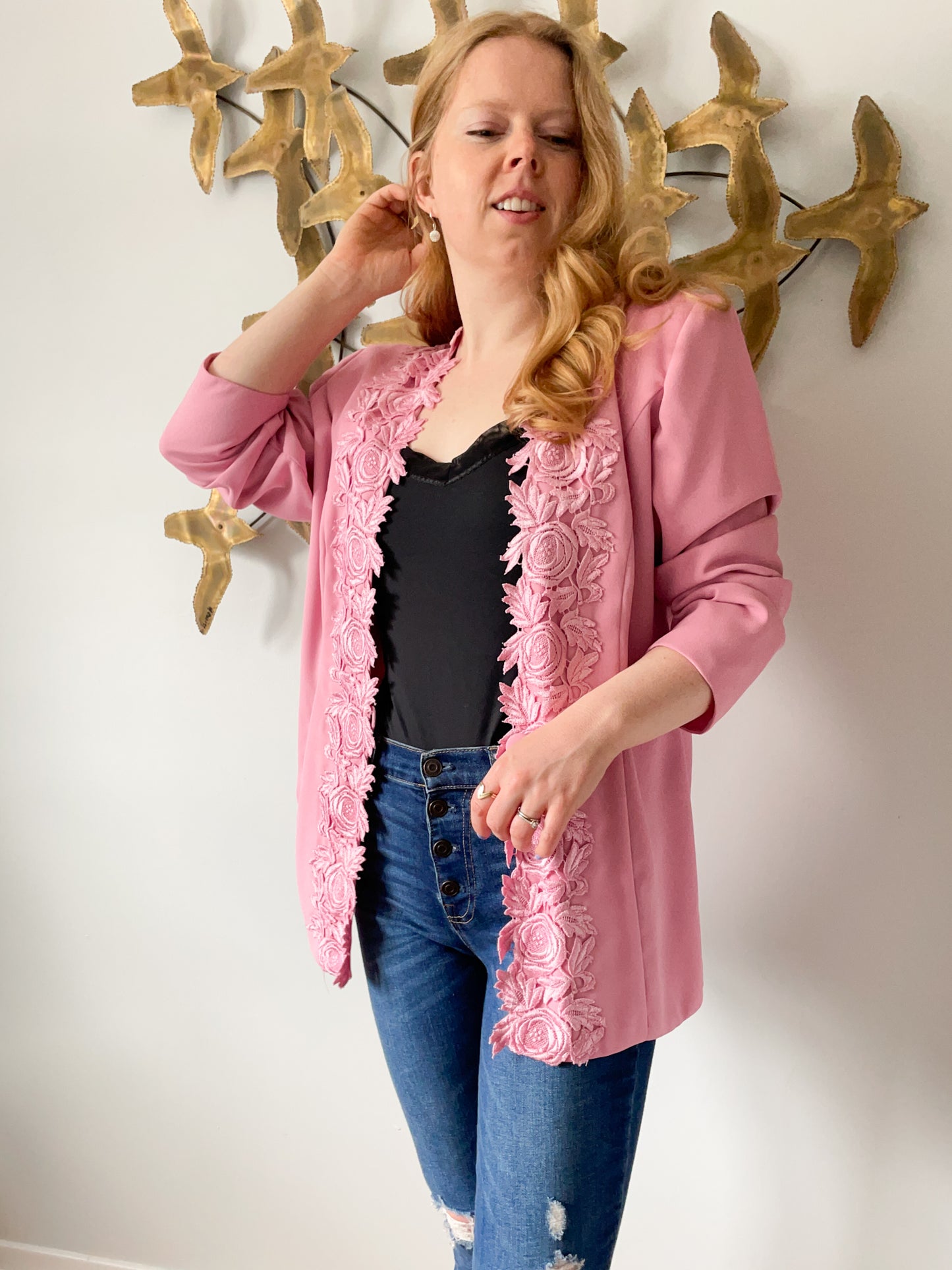 Vintage Pink Lace Trimmed Open Long Blazer - Large