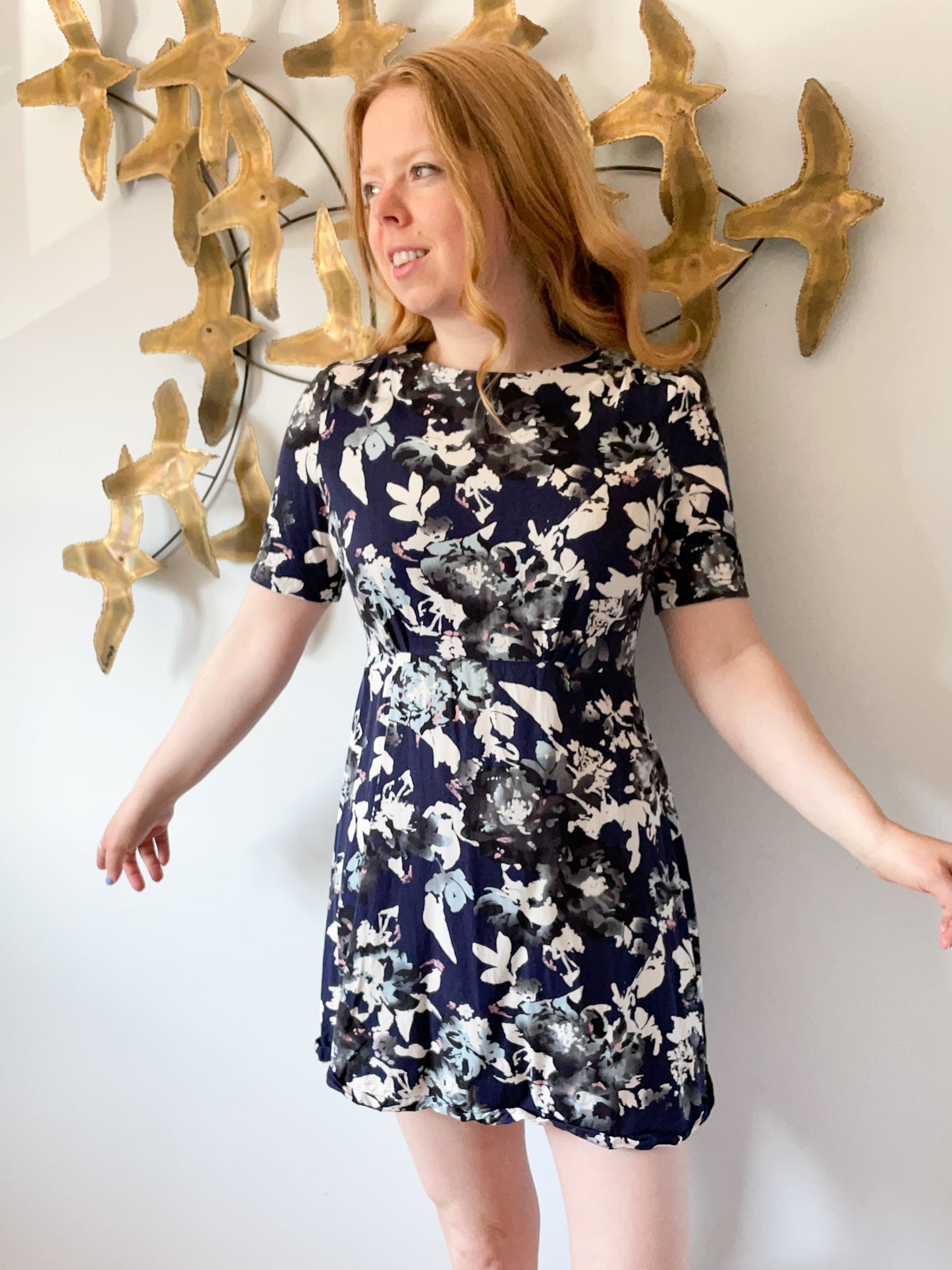 M&S Blue Floral Half Sleeve Fit Flare Dress - Size 8 Short