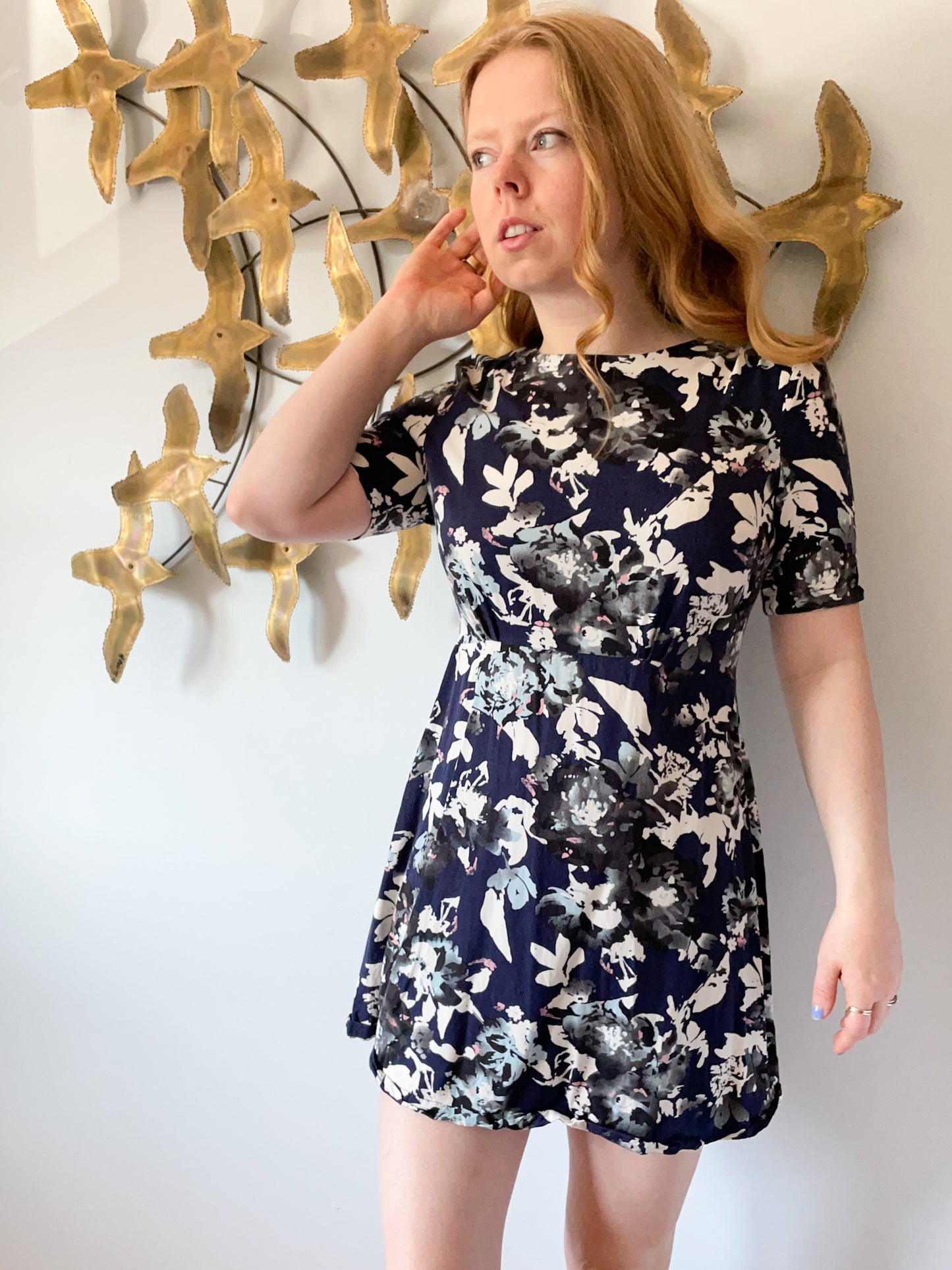 M&S Blue Floral Half Sleeve Fit Flare Dress - Size 8 Short