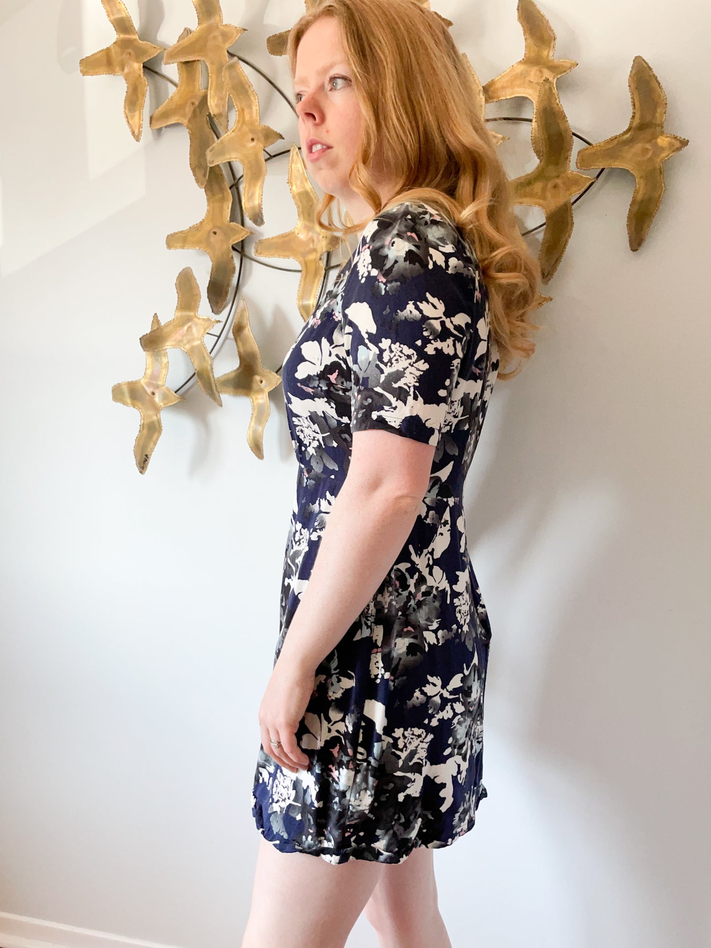 M&S Blue Floral Half Sleeve Fit Flare Dress - Size 8 Short