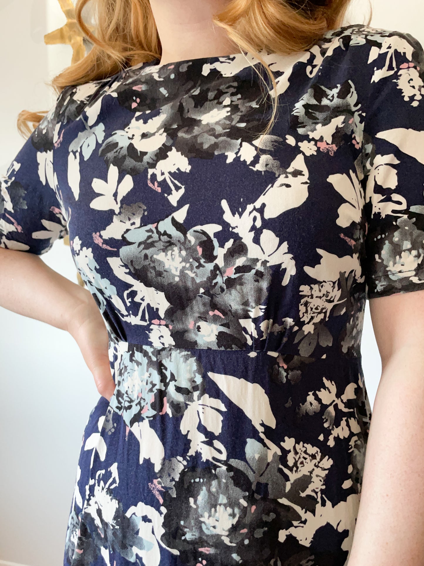 M&S Blue Floral Half Sleeve Fit Flare Dress - Size 8 Short