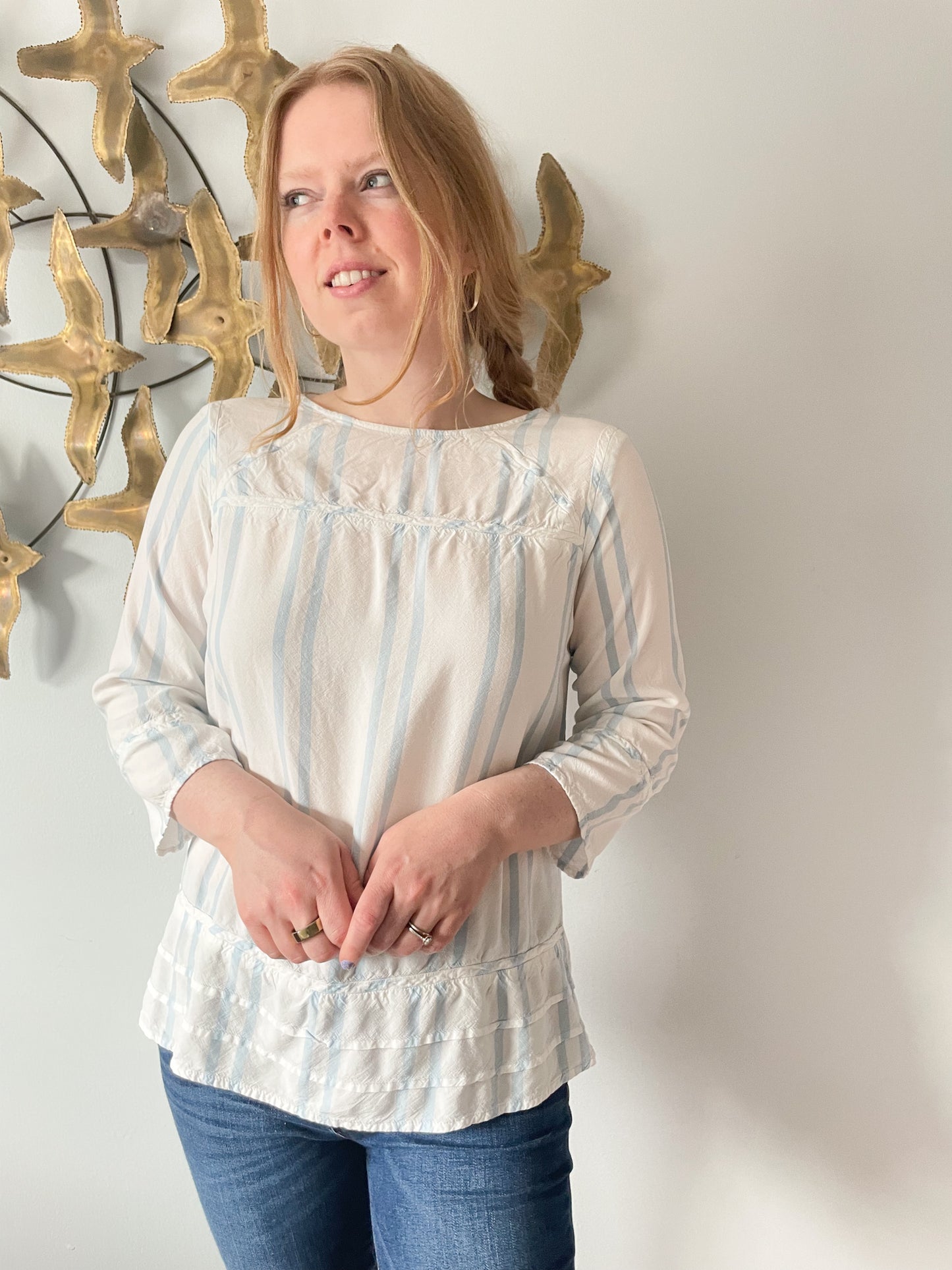 Lee Pale Blue Stripe White Airy Ruffle 3/4 Sleeve Top - Small