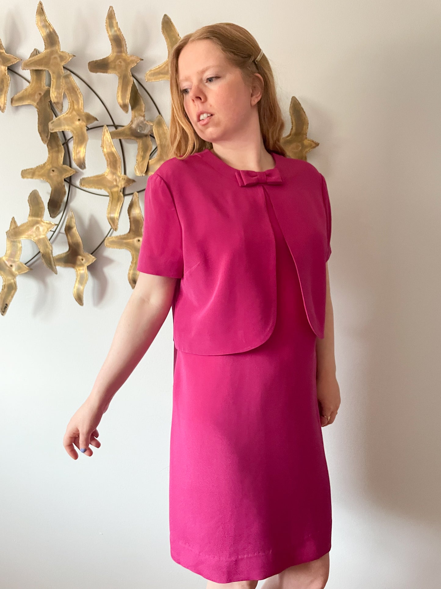 Talbots Magenta 100% Silk Retro Sheath Cropped Jacket Bow Dress - Size 12