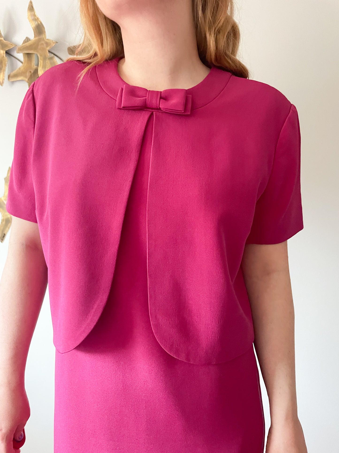 Talbots Magenta 100% Silk Retro Sheath Cropped Jacket Bow Dress - Size 12