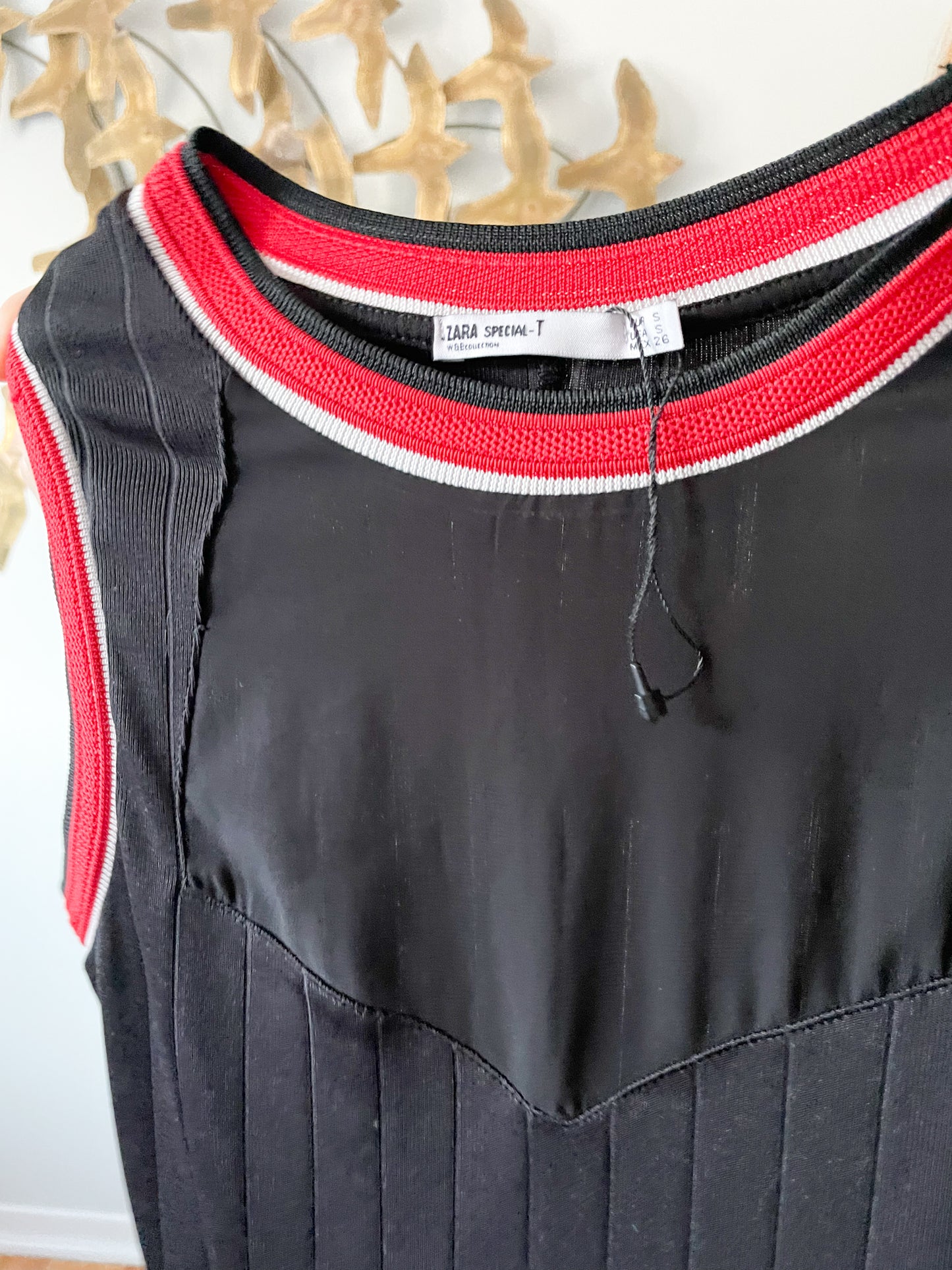 Zara Special-T W&B Collection Red Black Bodycon Mesh Neck Dress - Small