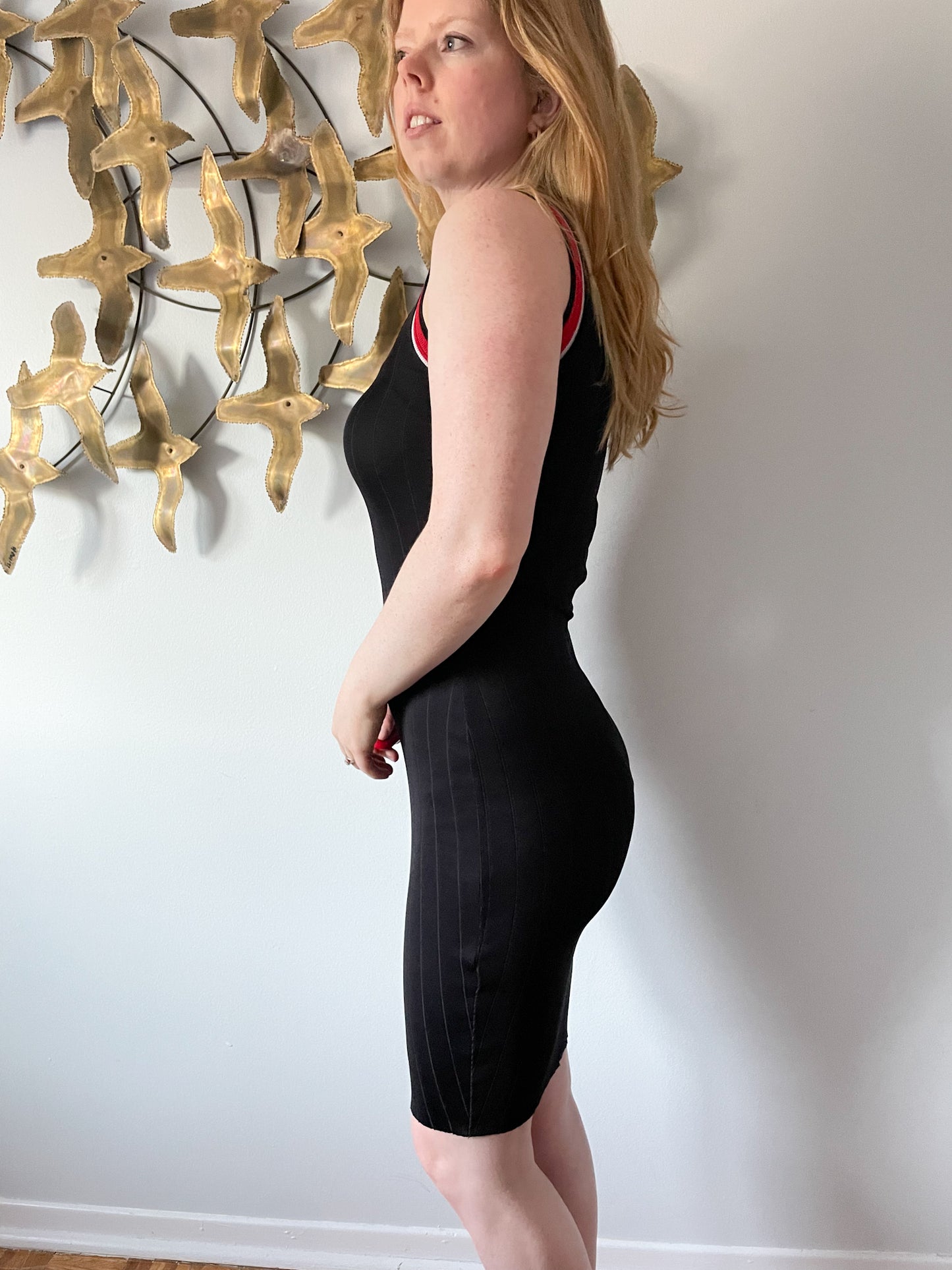 Zara Special-T W&B Collection Red Black Bodycon Mesh Neck Dress - Small