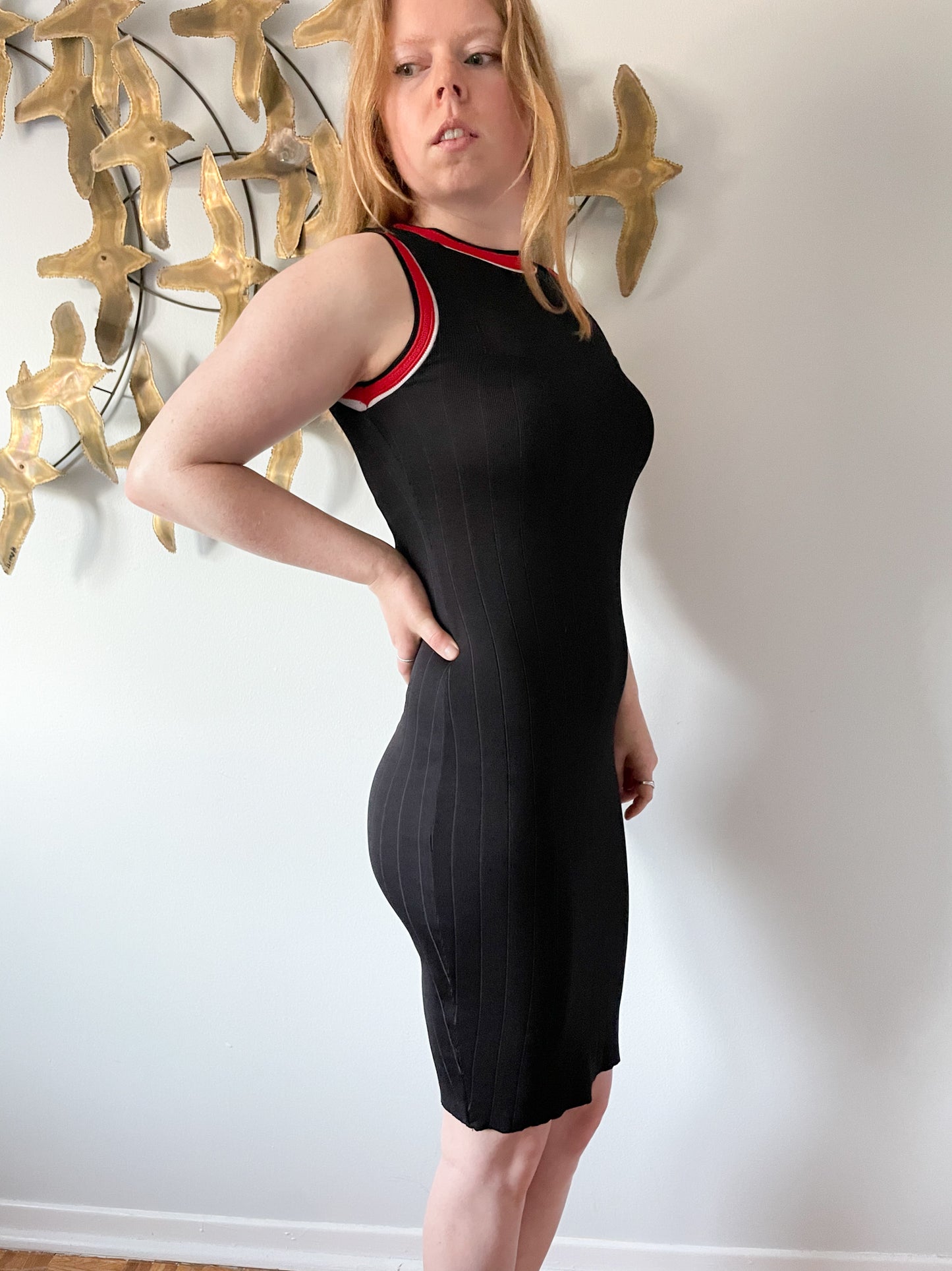 Zara Special-T W&B Collection Red Black Bodycon Mesh Neck Dress - Small