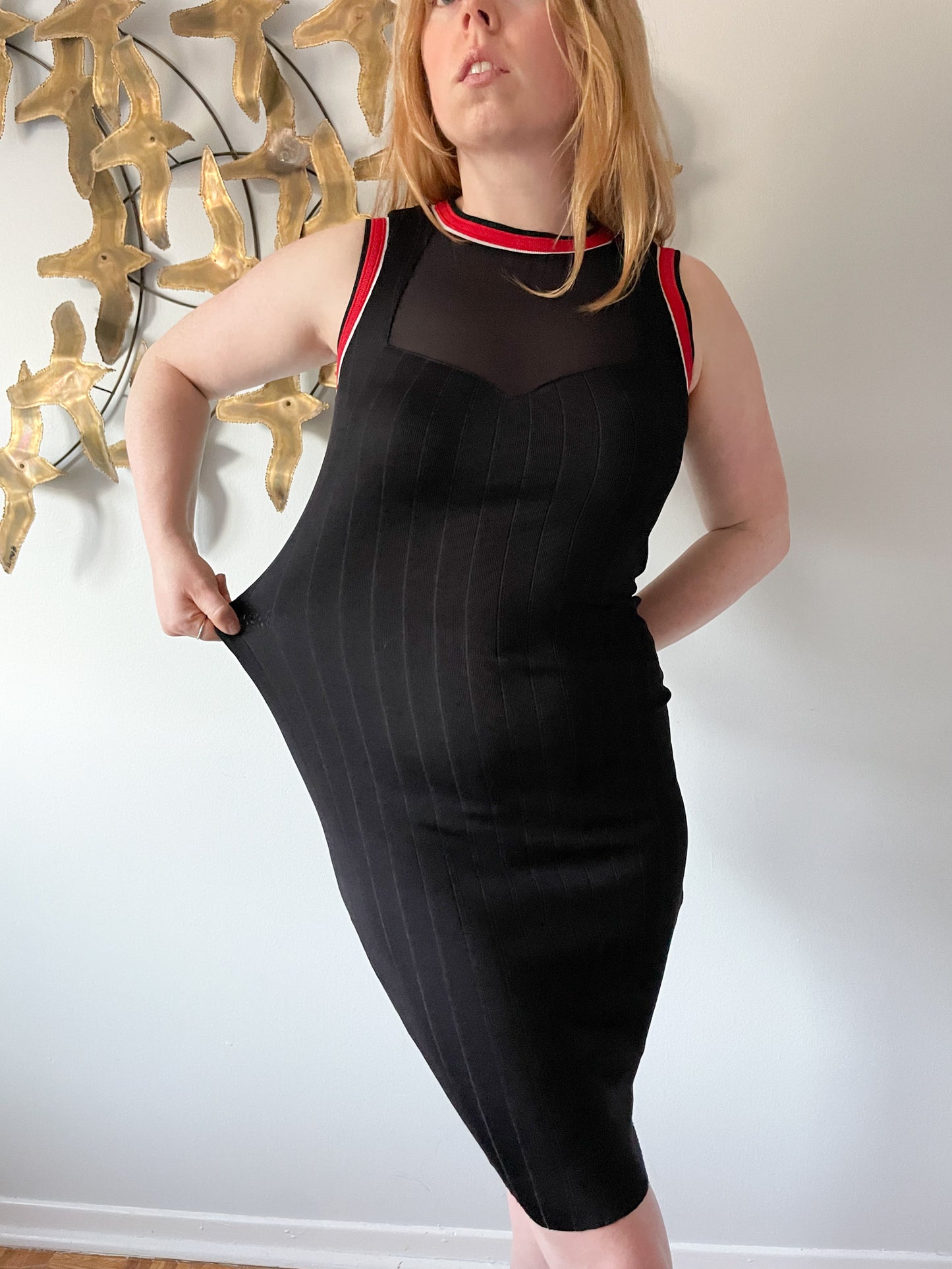 Zara Special-T W&B Collection Red Black Bodycon Mesh Neck Dress - Small