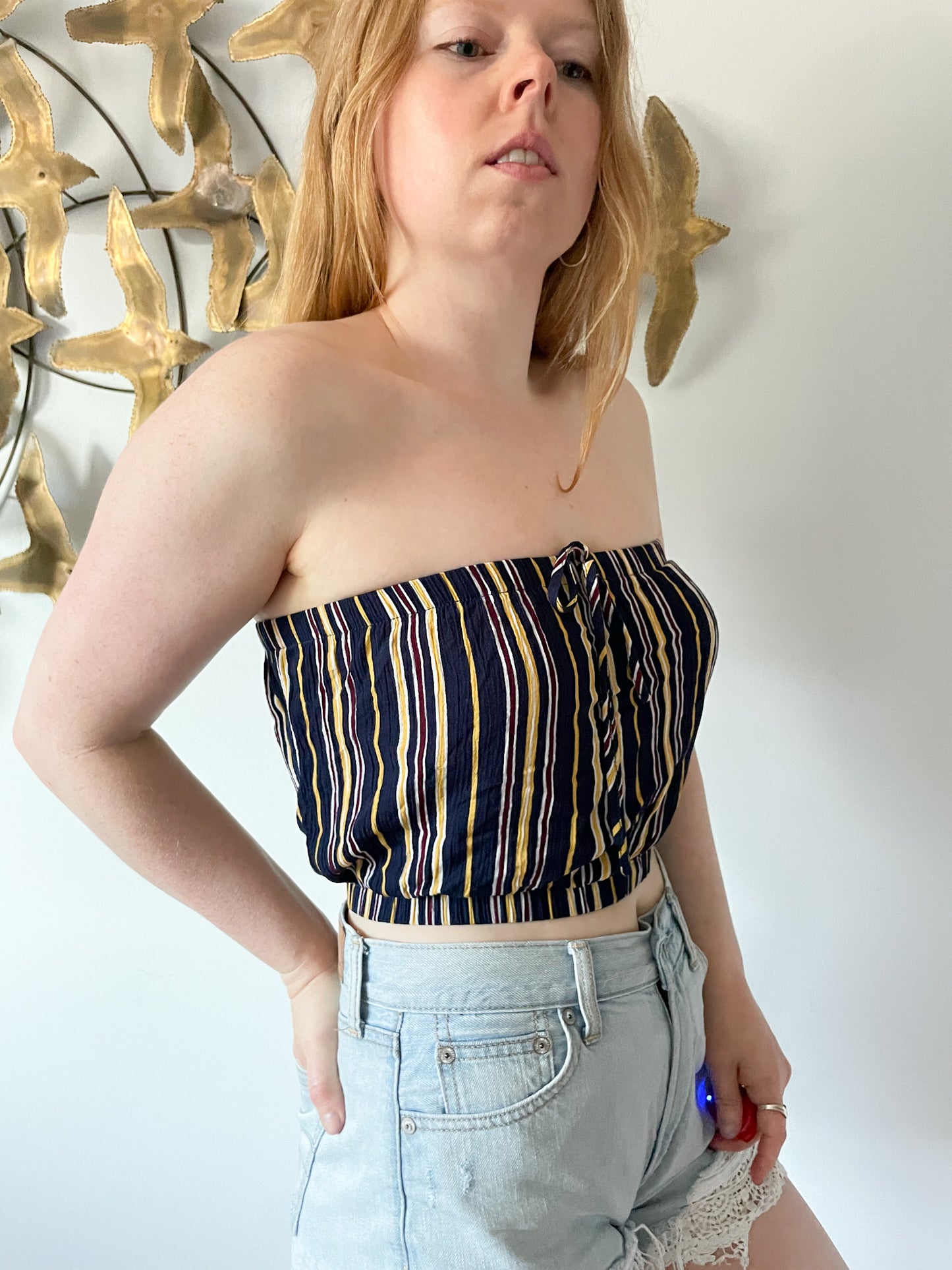 Ambiance Navy Yellow Stripe Tube Crop Top - Small