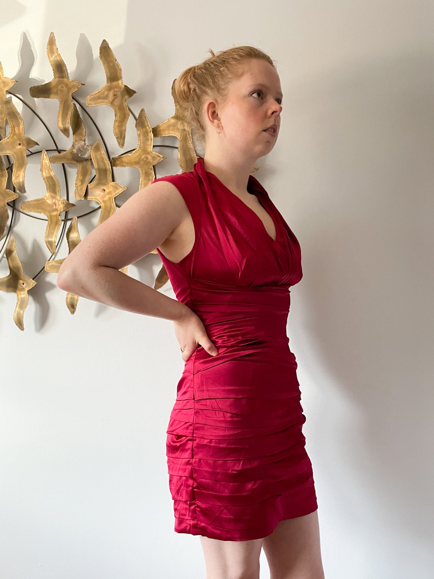 EXPRESS Red Satin Rouched V-Neck Cocktail Dress - XS/S