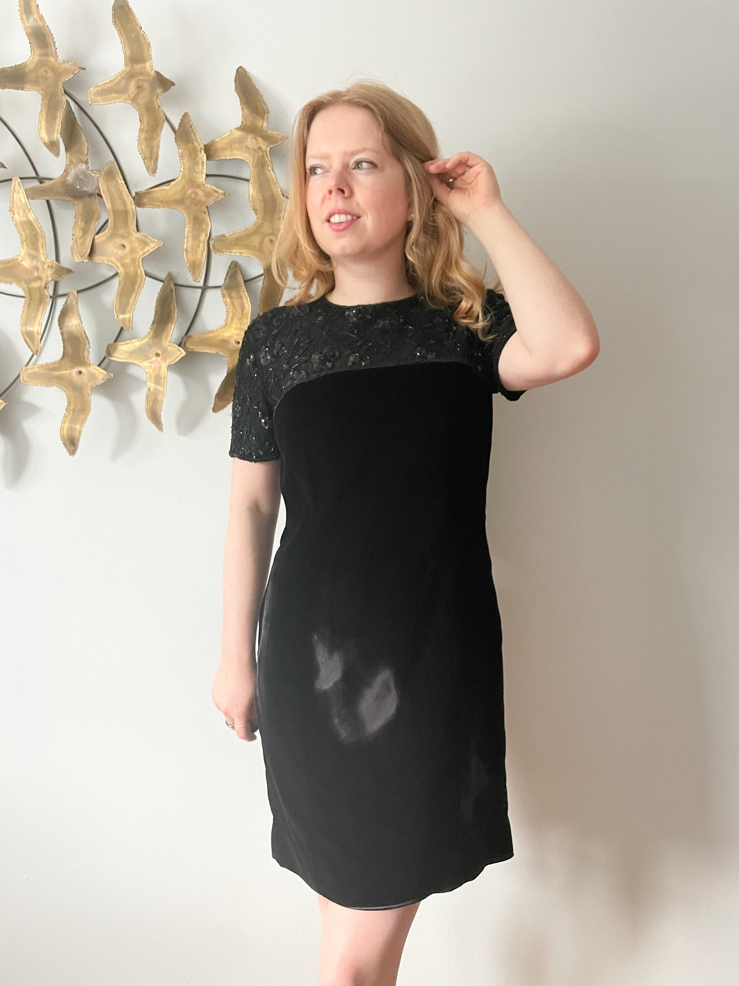 Talbots Black Velvet Sequin Neckline Sheath Dress - Size 10 Petite