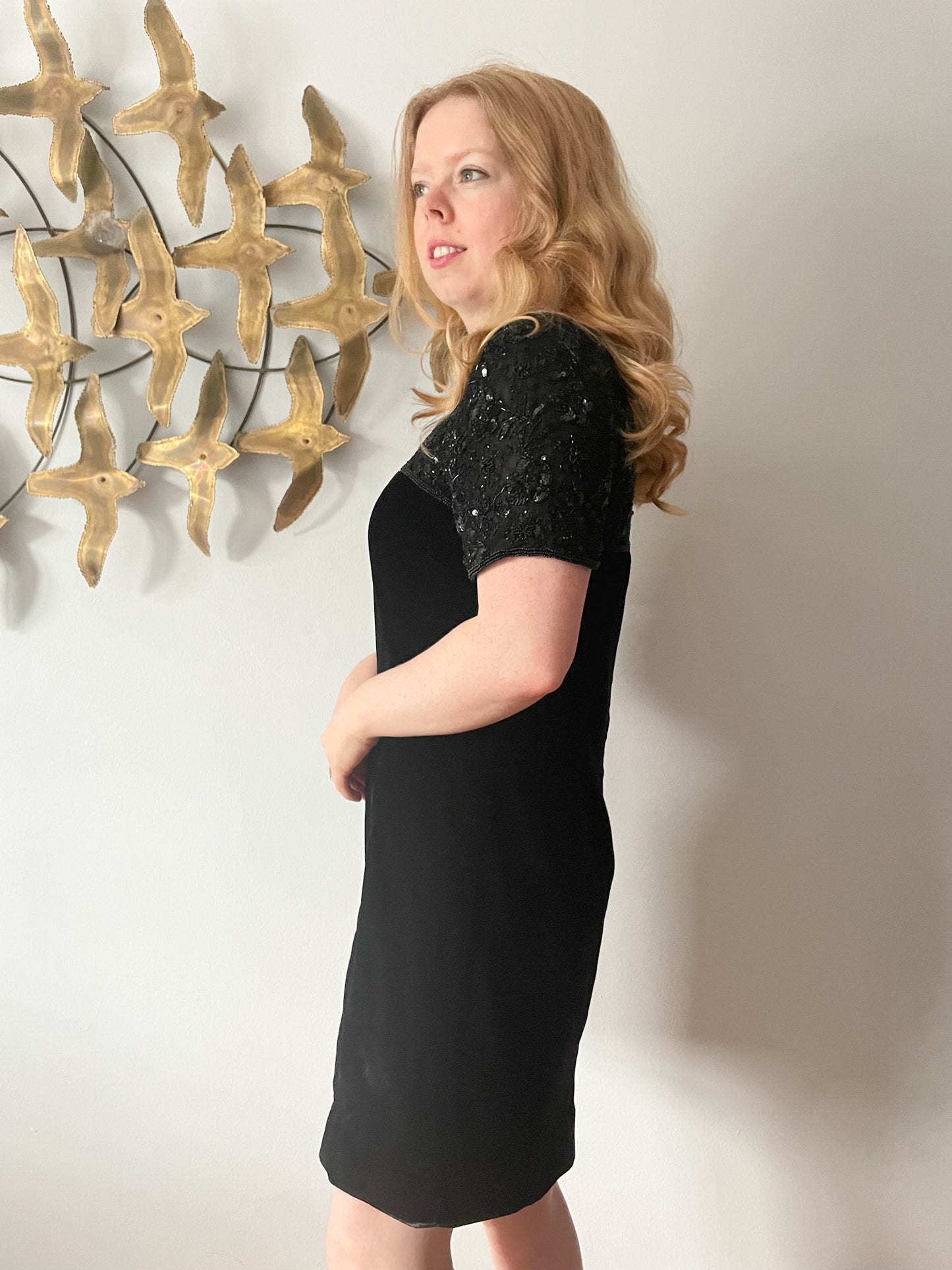 Talbots Black Velvet Sequin Neckline Sheath Dress - Size 10 Petite