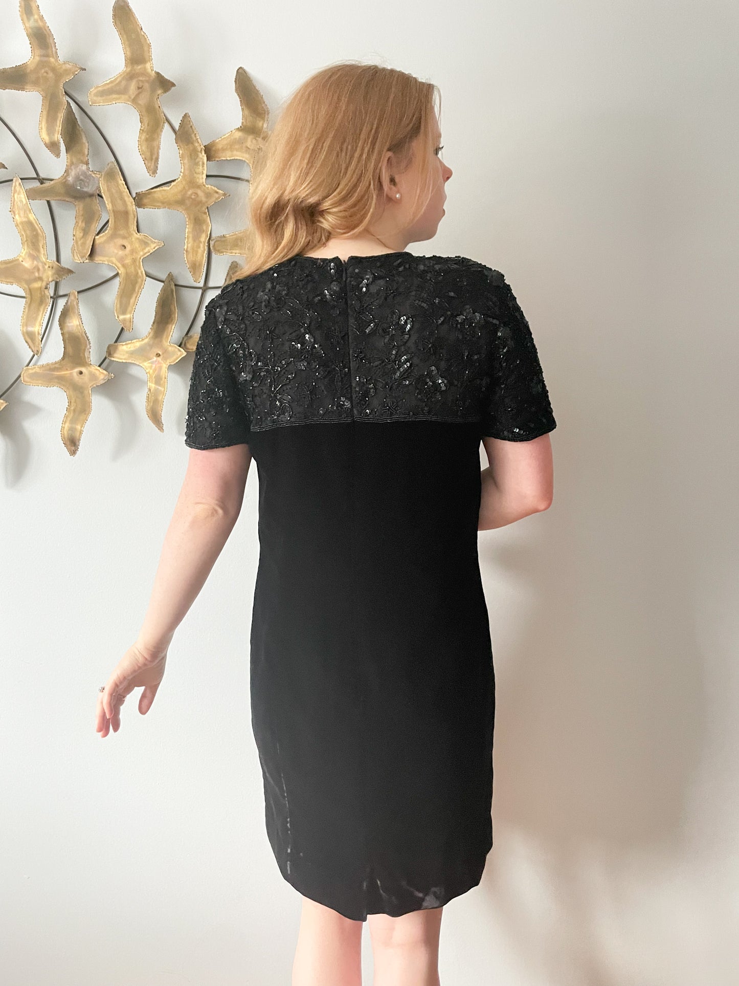 Talbots Black Velvet Sequin Neckline Sheath Dress - Size 10 Petite