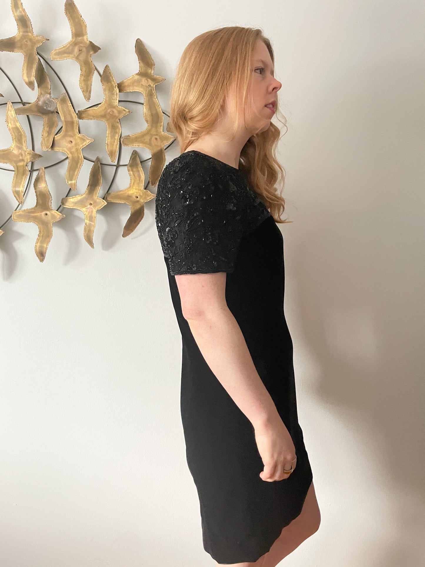 Talbots Black Velvet Sequin Neckline Sheath Dress - Size 10 Petite
