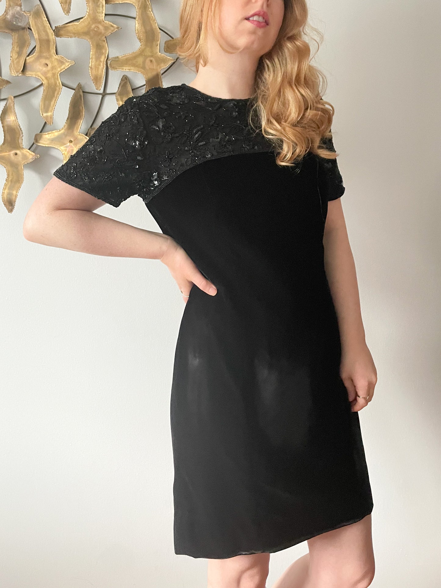 Talbots Black Velvet Sequin Neckline Sheath Dress - Size 10 Petite