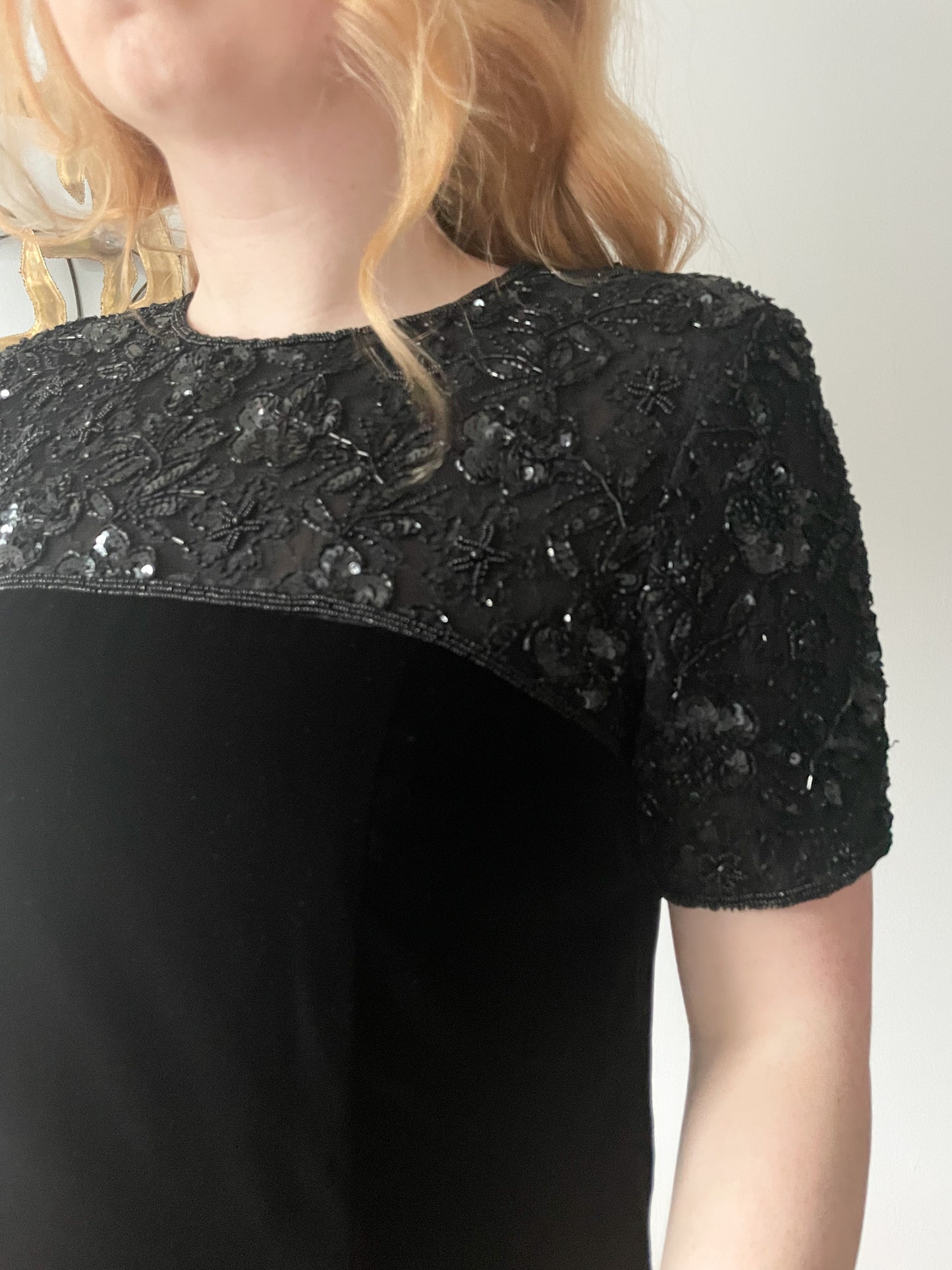 Talbots Black Velvet Sequin Neckline Sheath Dress - Size 10 Petite