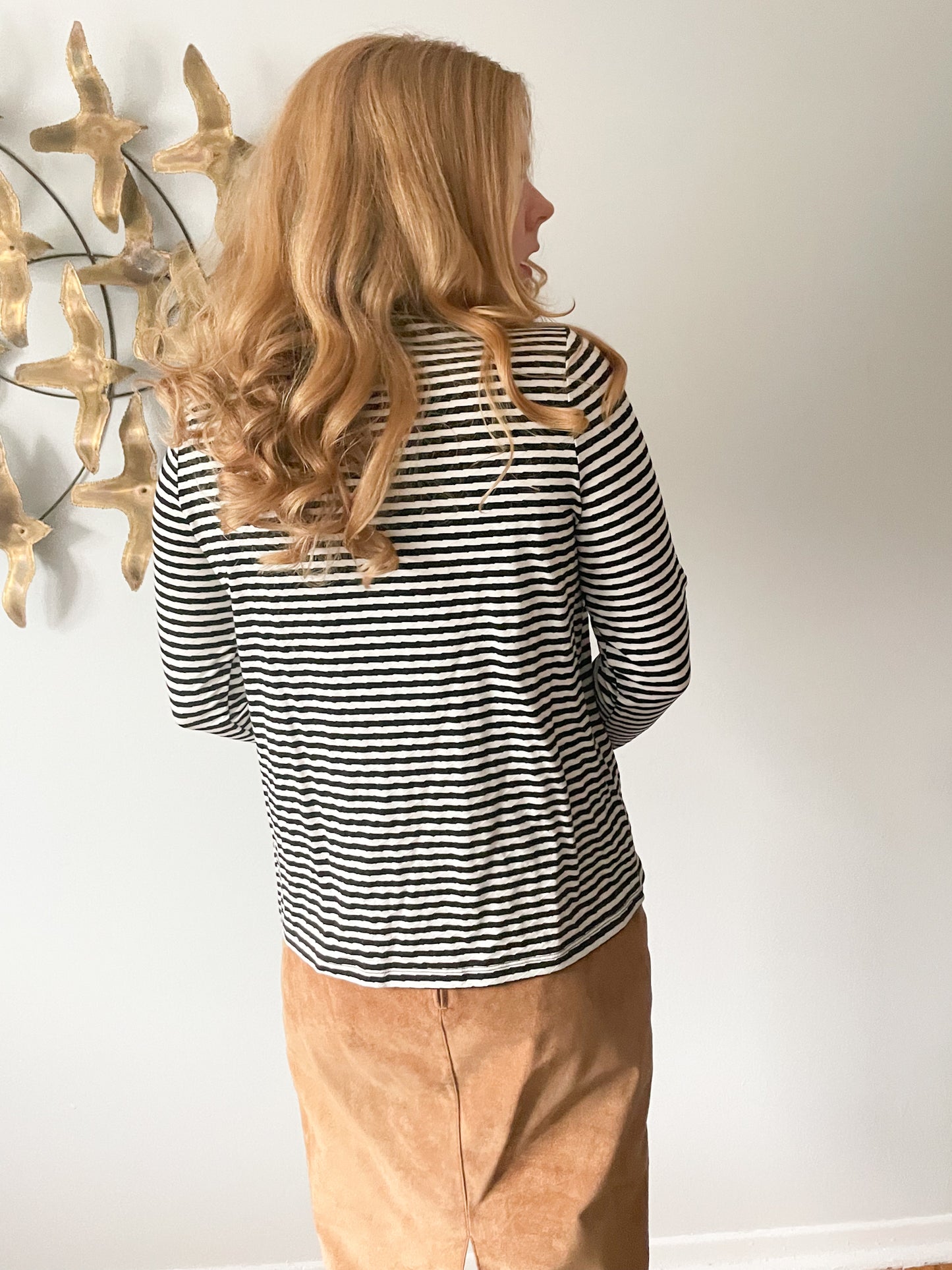 Cleo Black Stripe Mock Neck Button Long Sleeve Top - Medium