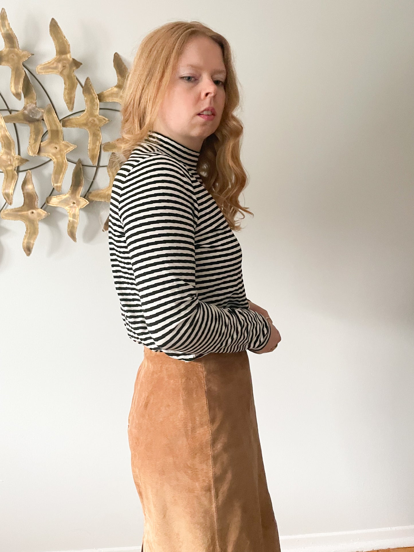 Cleo Black Stripe Mock Neck Button Long Sleeve Top - Medium