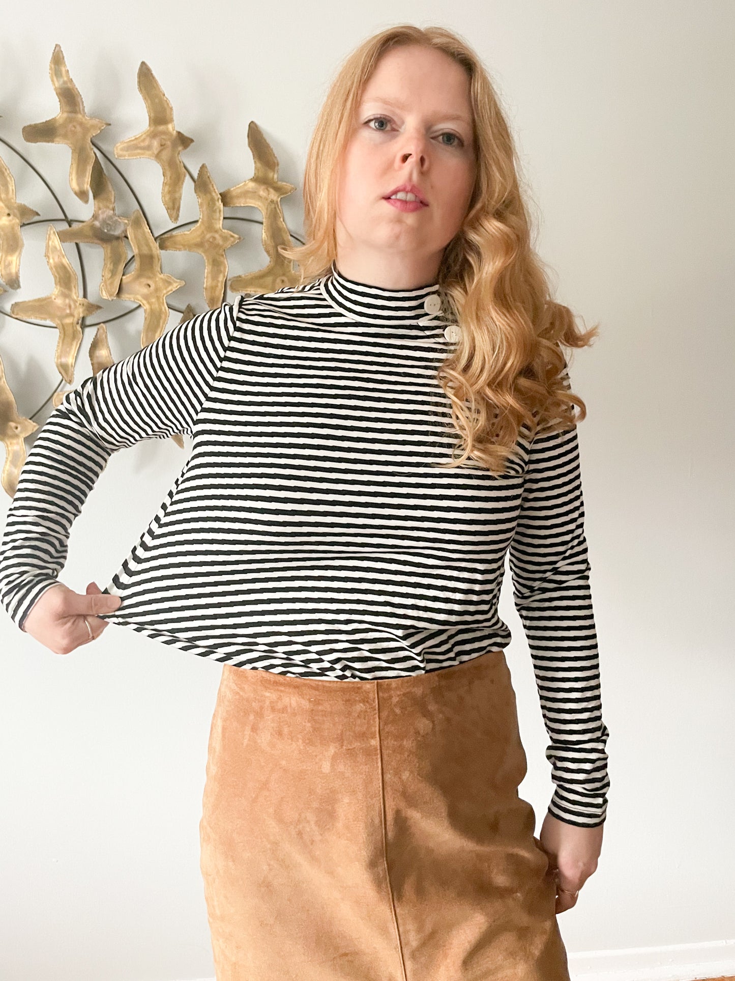 Cleo Black Stripe Mock Neck Button Long Sleeve Top - Medium