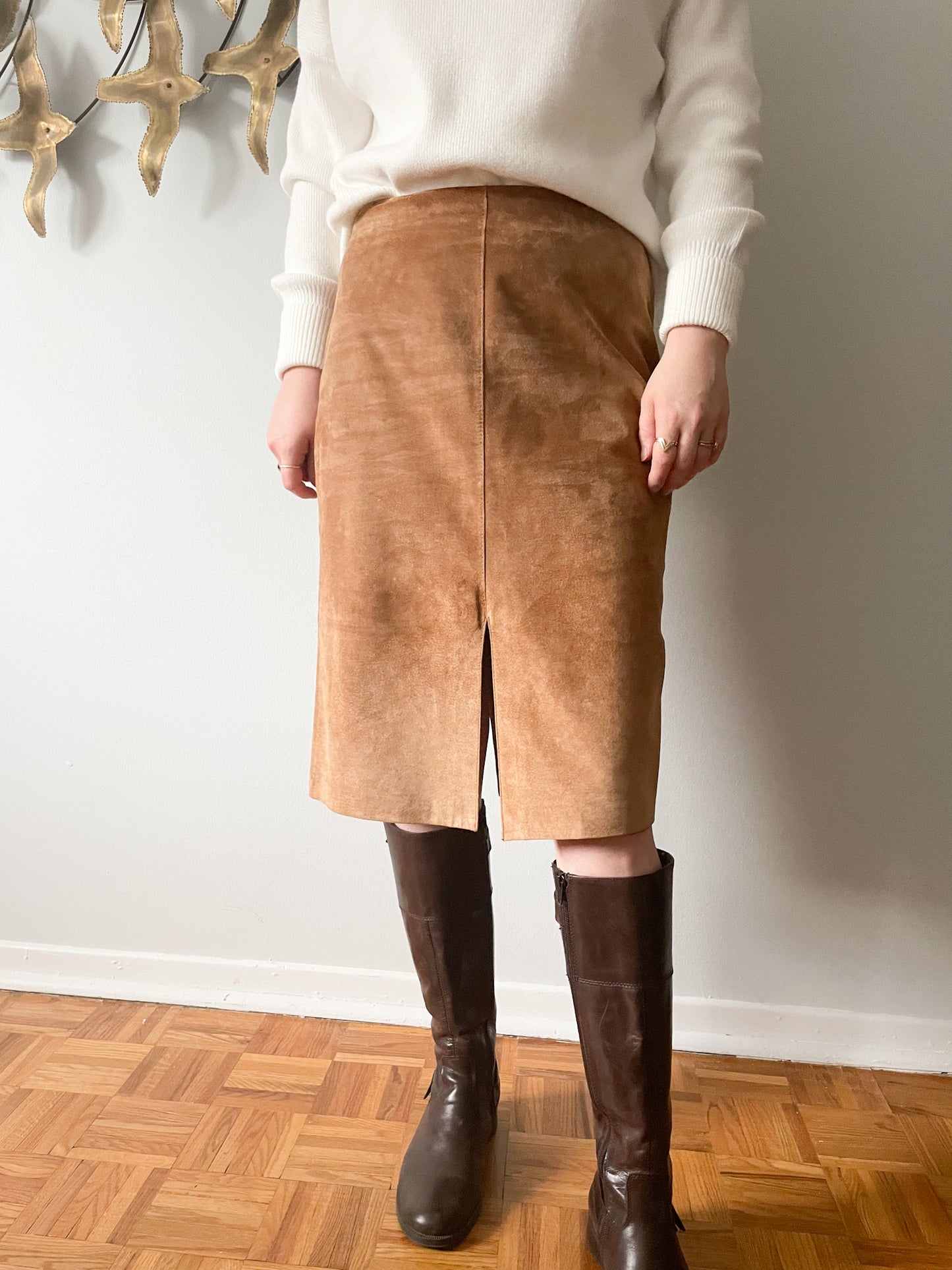 Danier Camel Leather Pencil Slit Skirt - Size 6