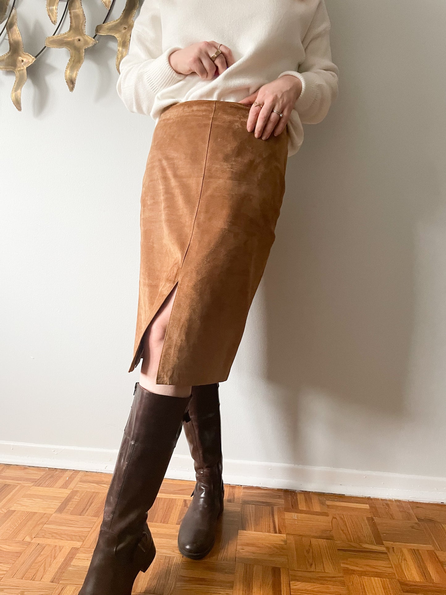Danier Camel Leather Pencil Slit Skirt - Size 6