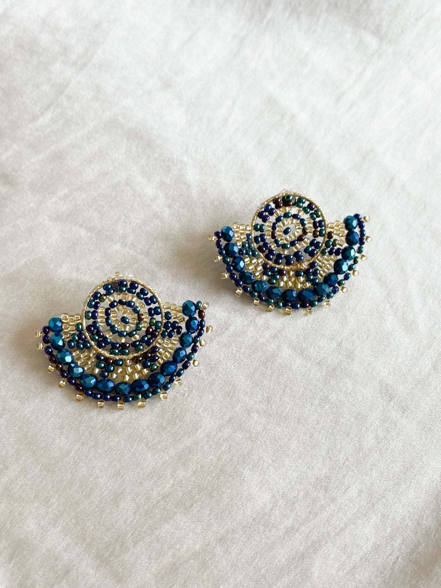 Midnight Blue Gold Handmade Colombian Beaded Half Moon Earrings