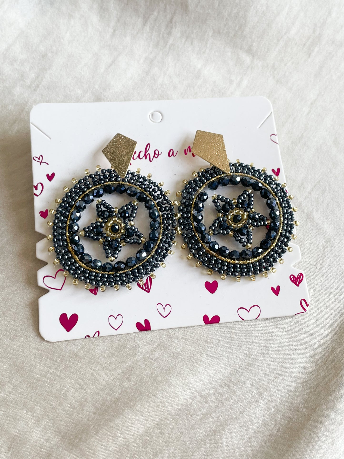 Midnight Blue Gold Handmade Colombian Beaded Circle Earrings