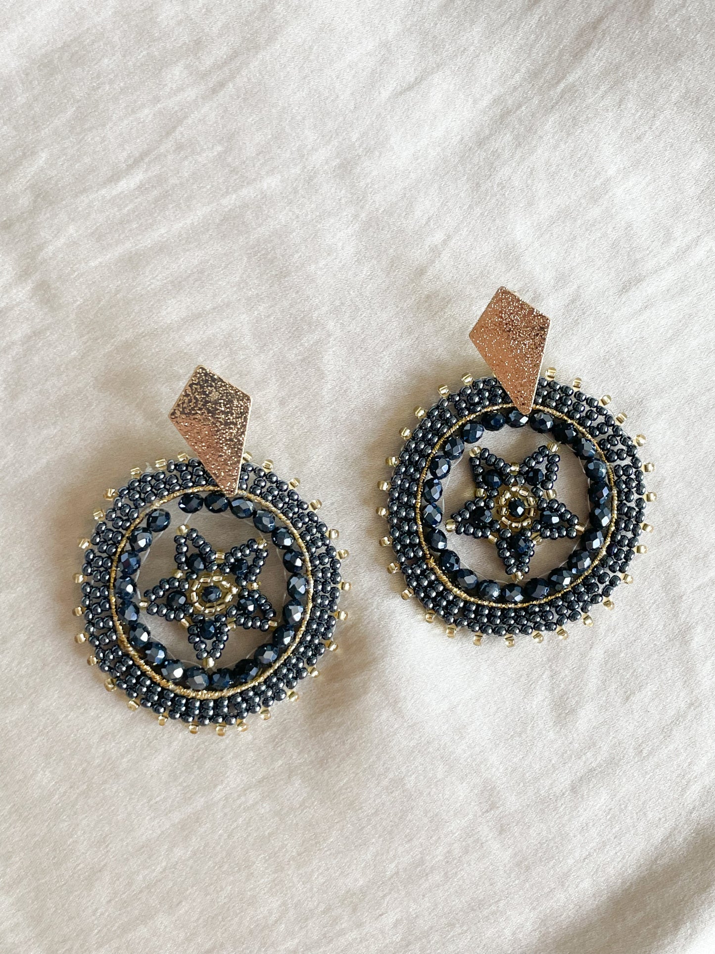 Midnight Blue Gold Handmade Colombian Beaded Circle Earrings