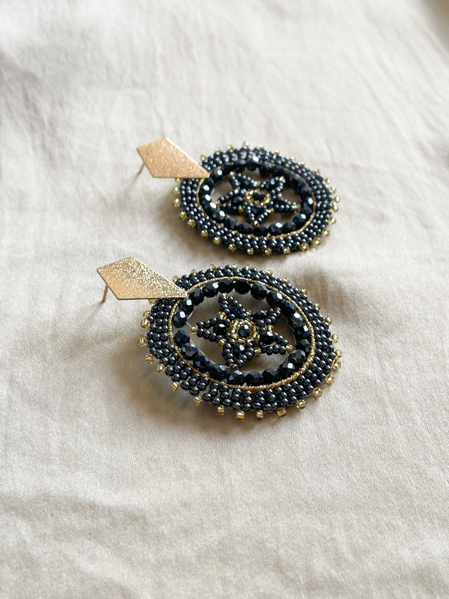 Midnight Blue Gold Handmade Colombian Beaded Circle Earrings