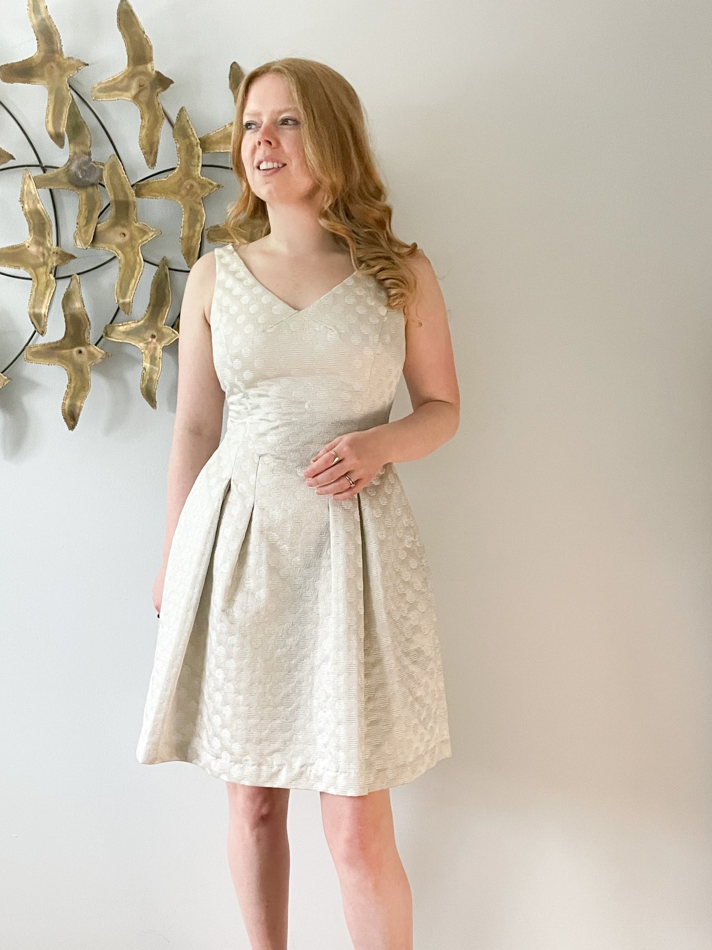 LAUREN Ralph Lauren Cream Metallic Polkadot V-Neck Fit Flare Cocktail Dress - Size 4