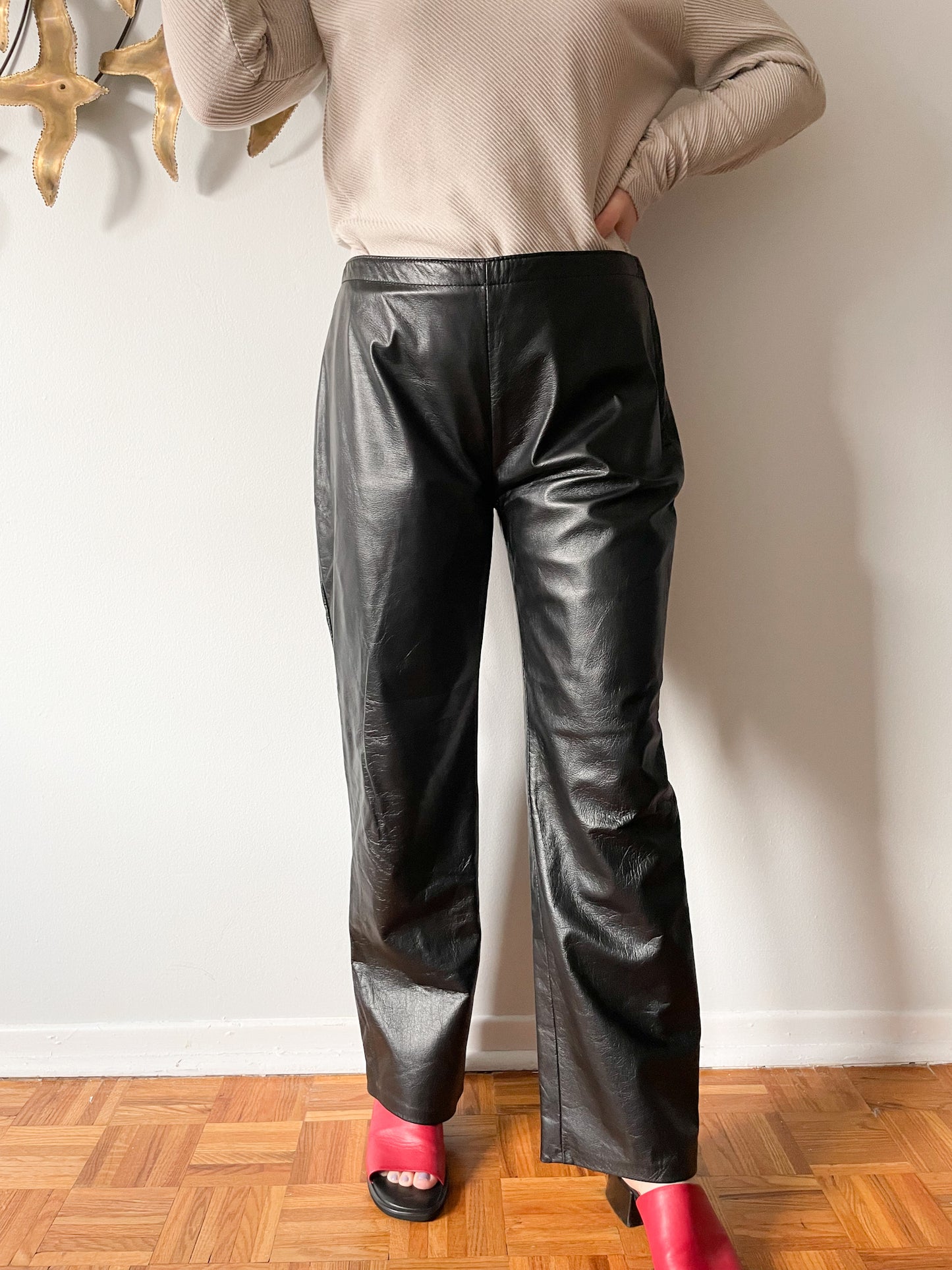 Vintage Genuine Leather Black Straight Leg Mid Rise Pants - Medium