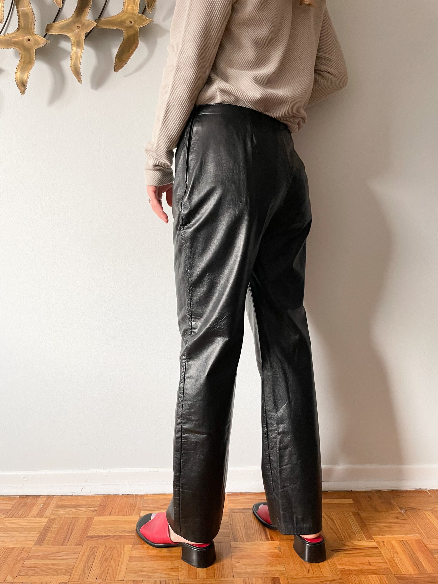 Vintage Genuine Leather Black Straight Leg Mid Rise Pants - Medium