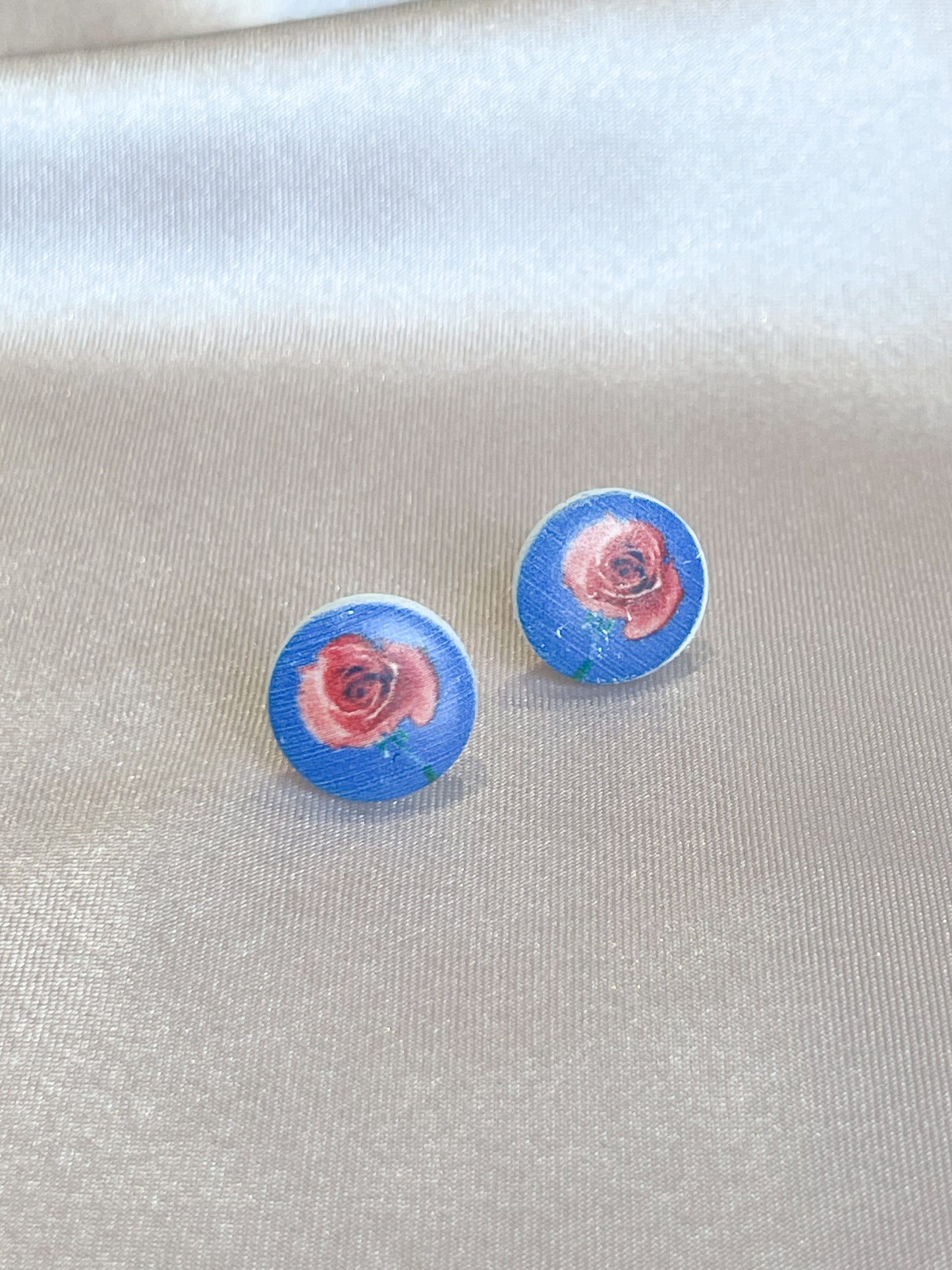 Rose Navy Blue Floral Painted Circle Stud Earrings