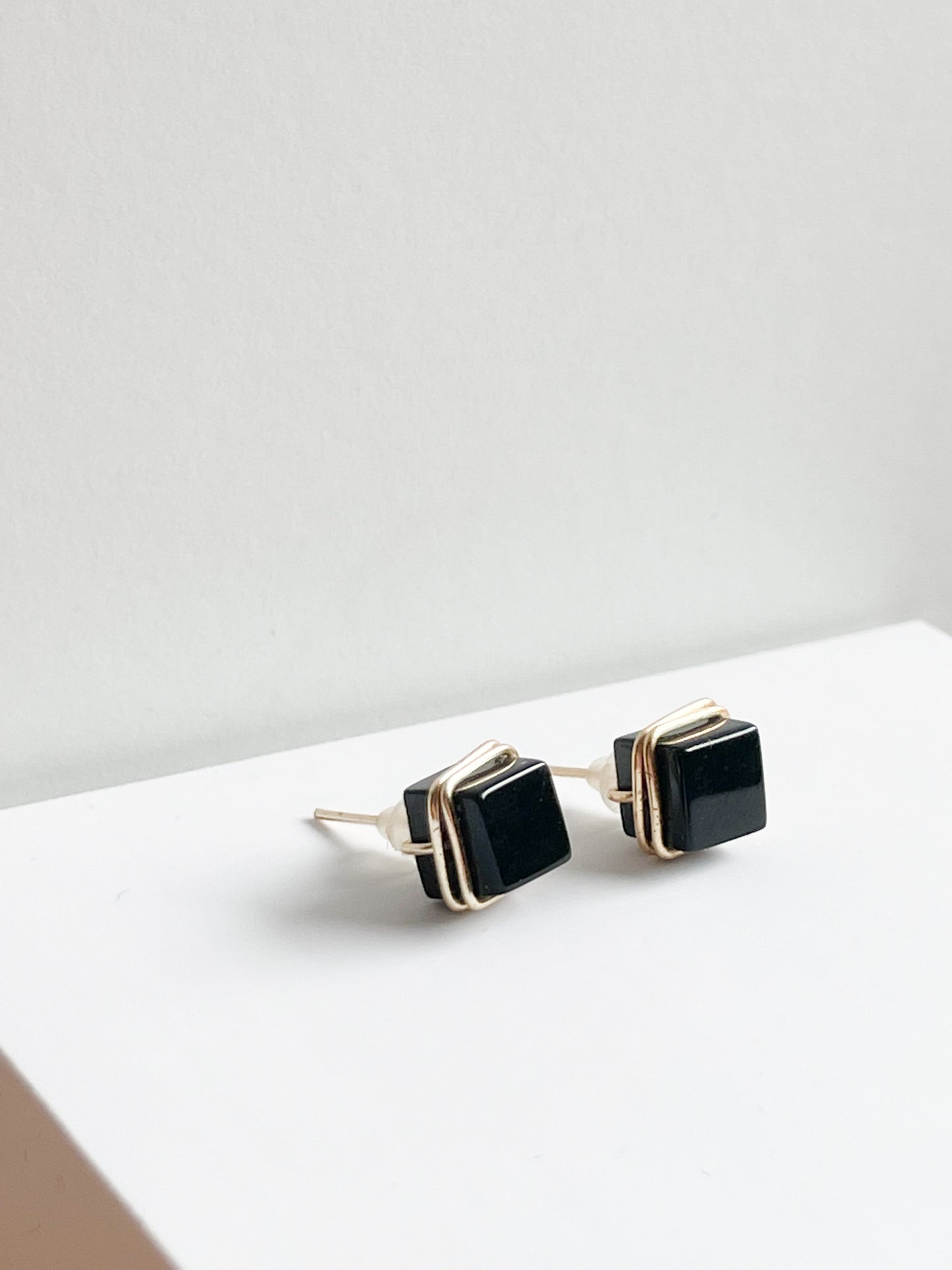 Black Cube Gold Wire Stud Earrings - Handmade from Colombia