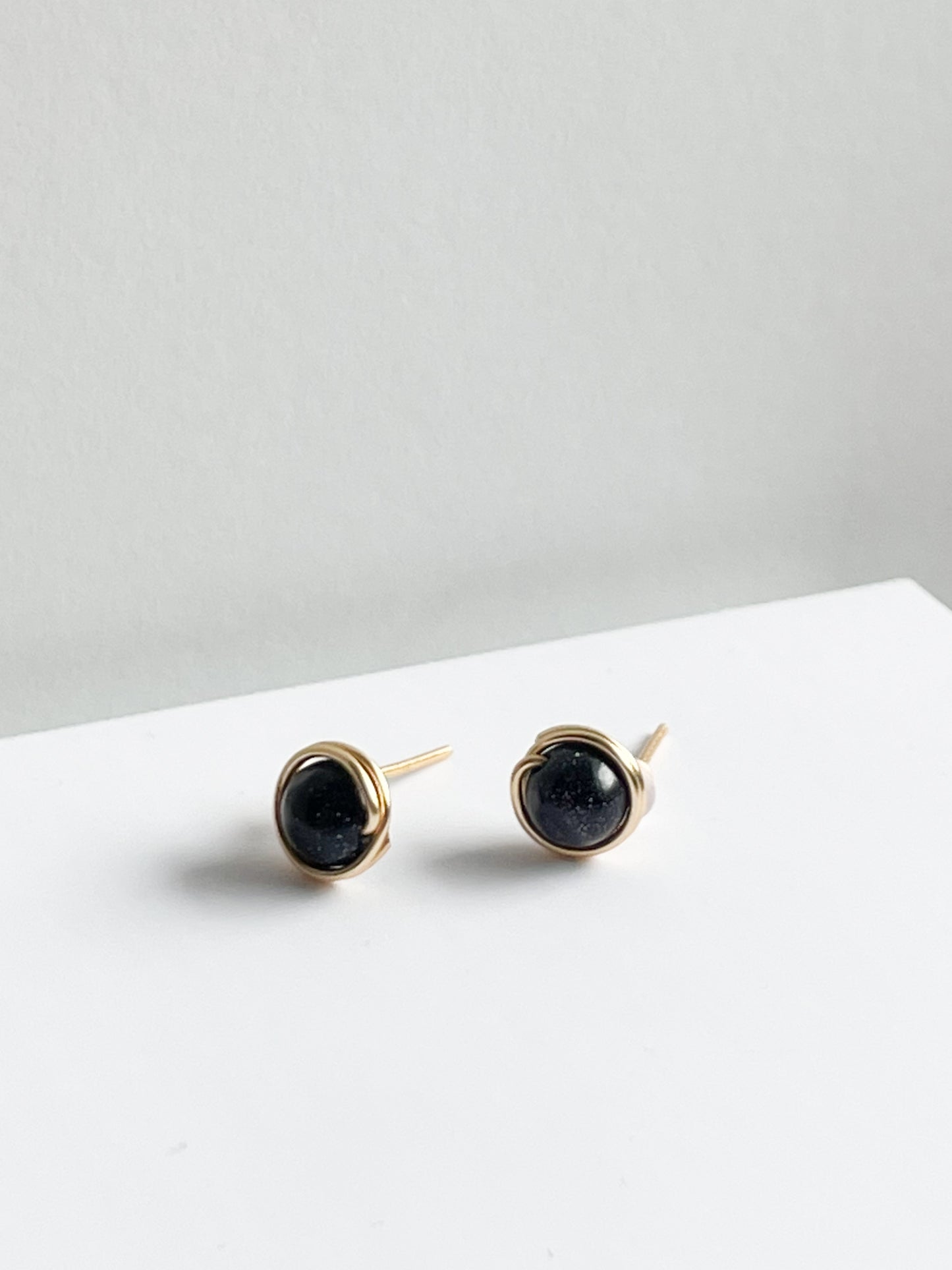 Mini Midnight Blue Sparkle Ball Gold Wire Stud Earrings - Handmade from Colombia