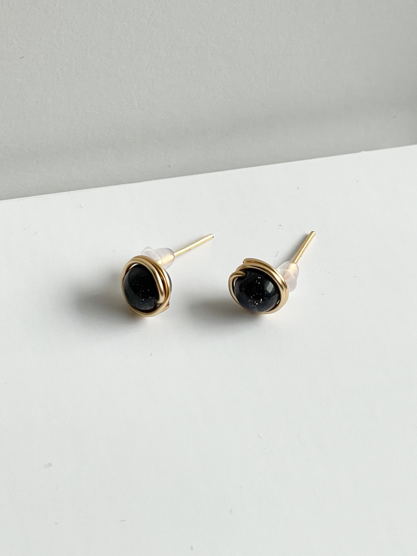 Mini Midnight Blue Sparkle Ball Gold Wire Stud Earrings - Handmade from Colombia