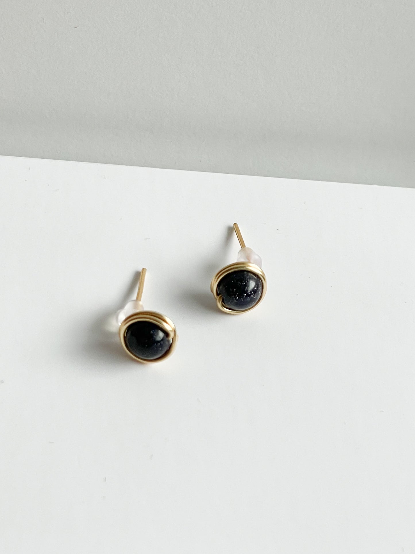 Mini Midnight Blue Sparkle Ball Gold Wire Stud Earrings - Handmade from Colombia