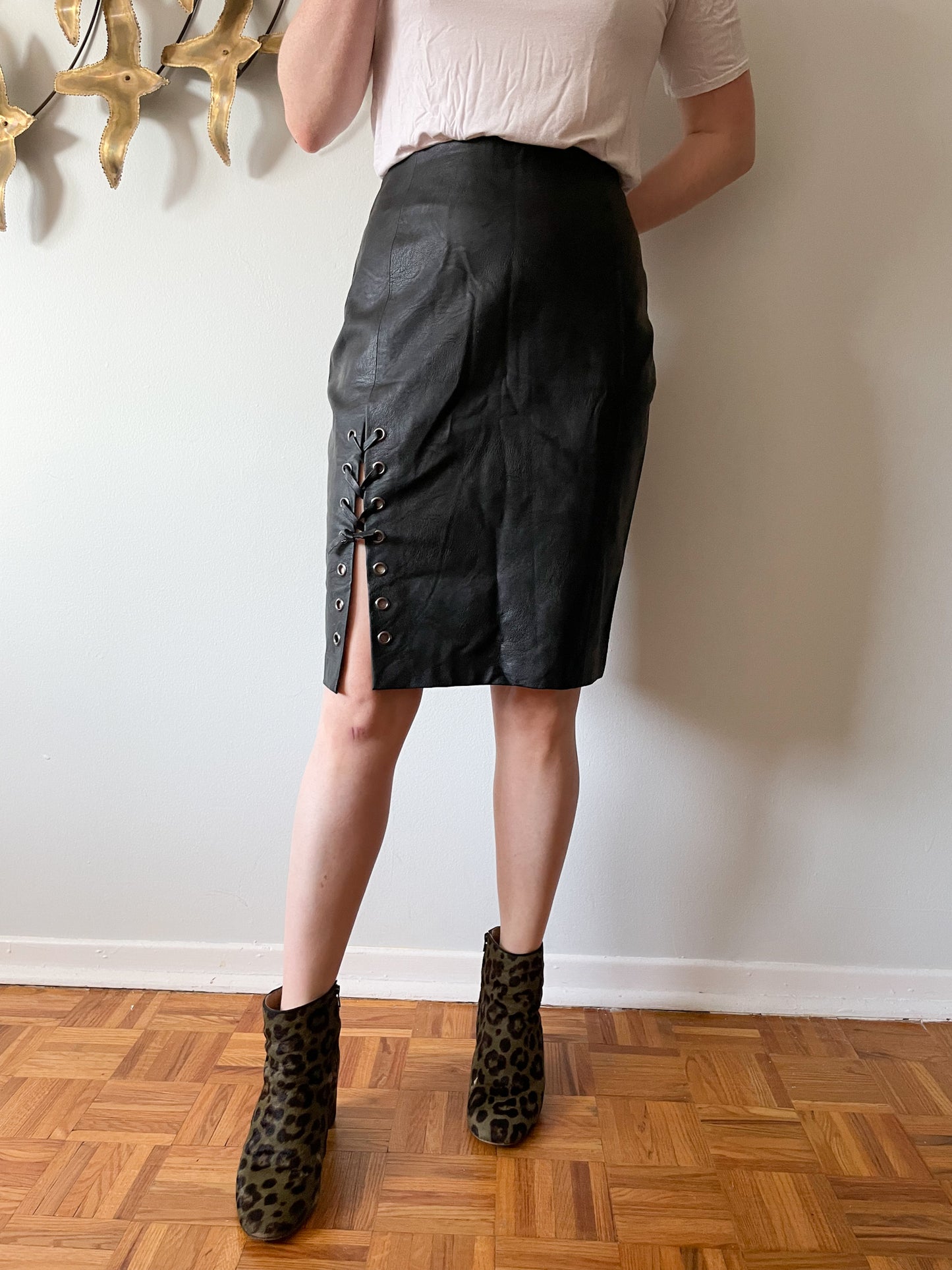 MinkPink Black Knight Lace Up Faux Leather Skirt - M/L