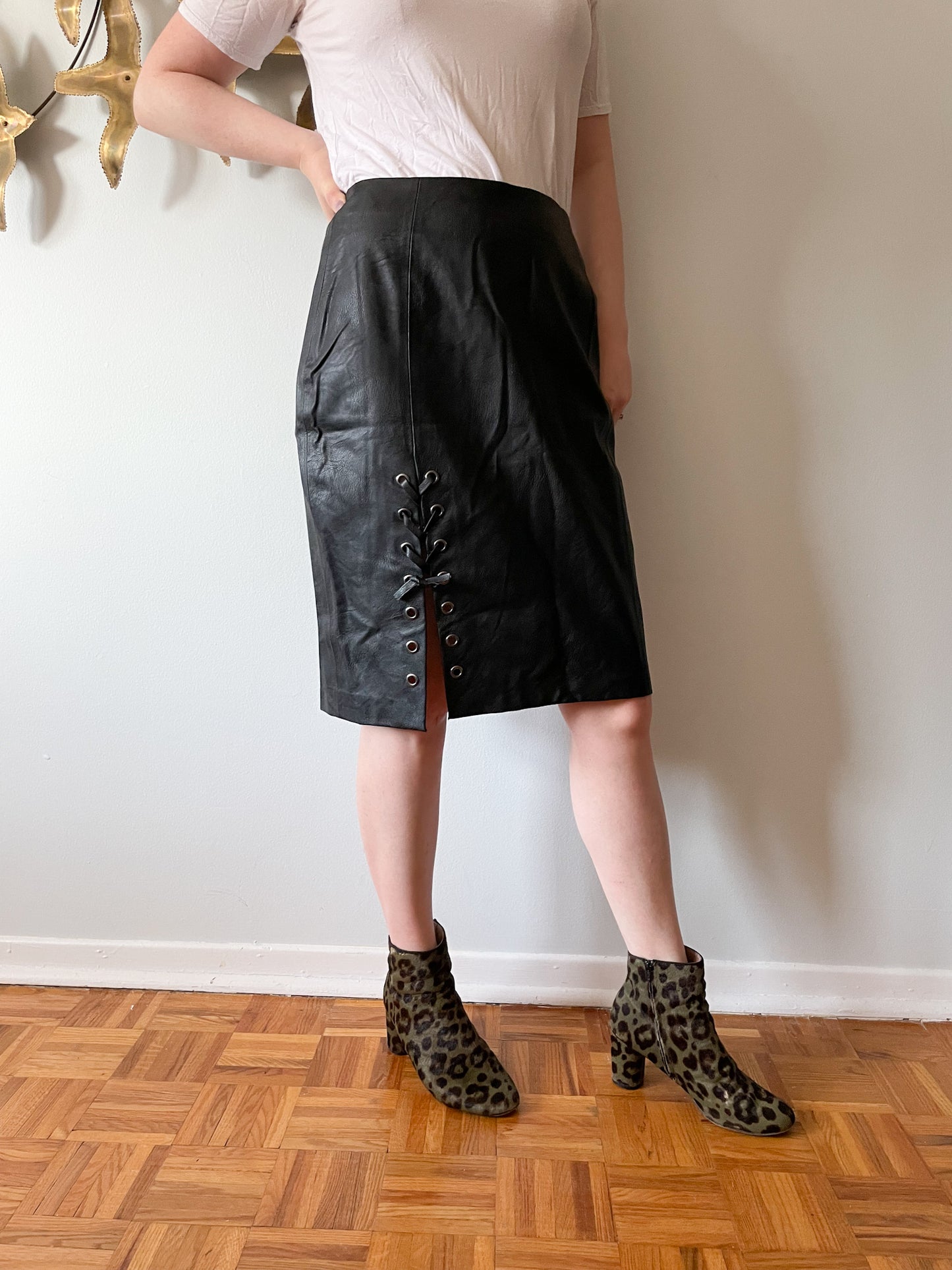 MinkPink Black Knight Lace Up Faux Leather Skirt - M/L