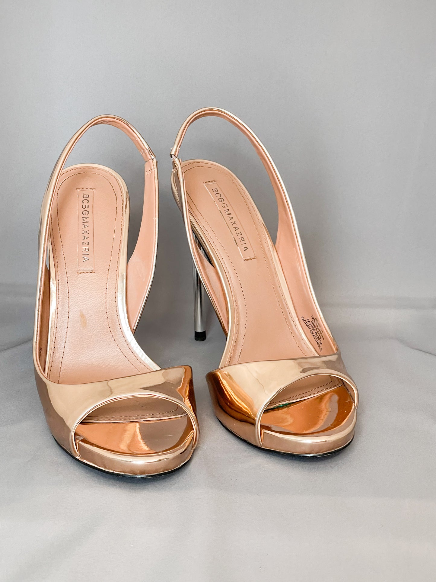 BCBGMaxAzria Rose Gold Stilletto Peep Toe Heels - Size 9.5