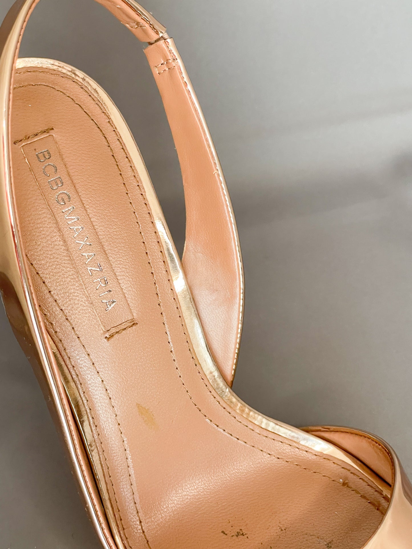BCBGMaxAzria Rose Gold Stilletto Peep Toe Heels - Size 9.5