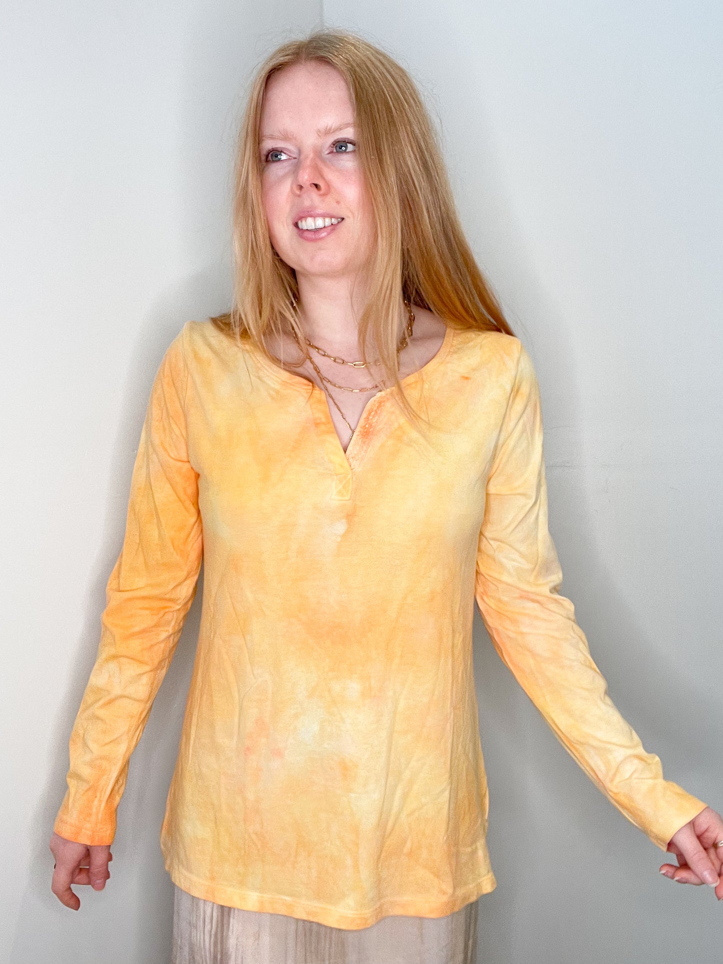 Upcycled Marigold Marble Watercolour Cotton Modal Long Sleeve Top - M/L